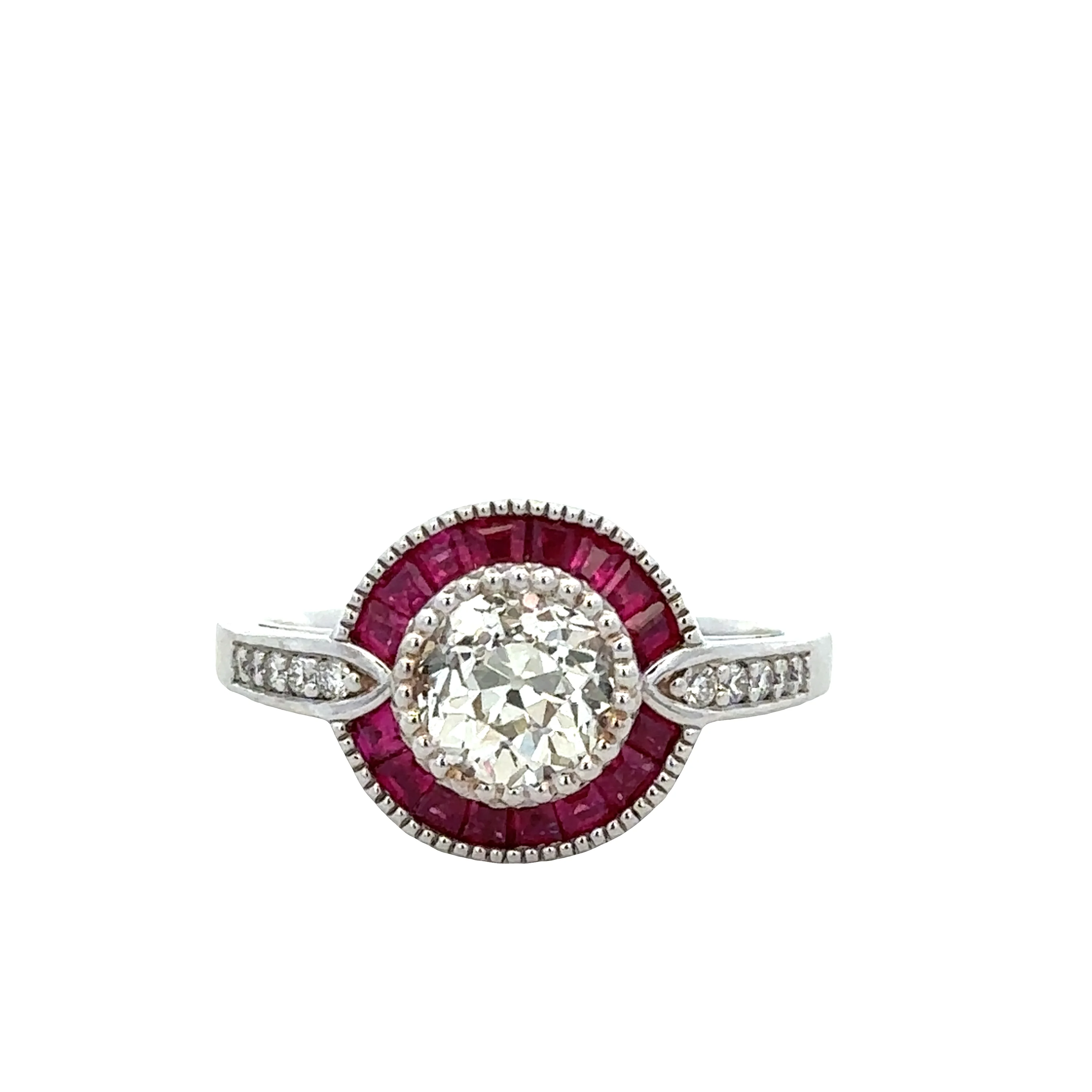 18k White Gold Old European Cut Diamond & Ruby Halo Ring – Size 6.5