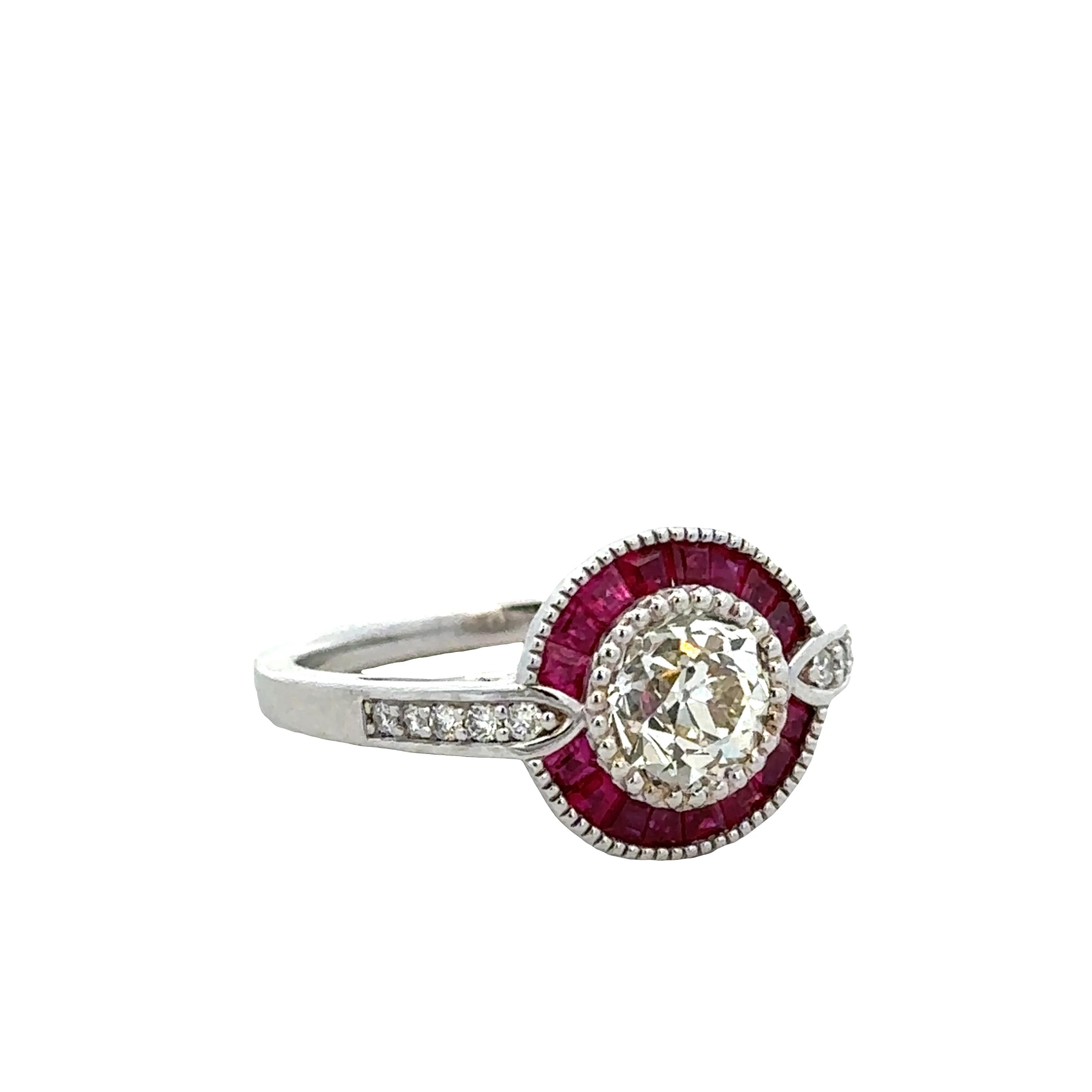 18k White Gold Old European Cut Diamond & Ruby Halo Ring – Size 6.5 - Image 2