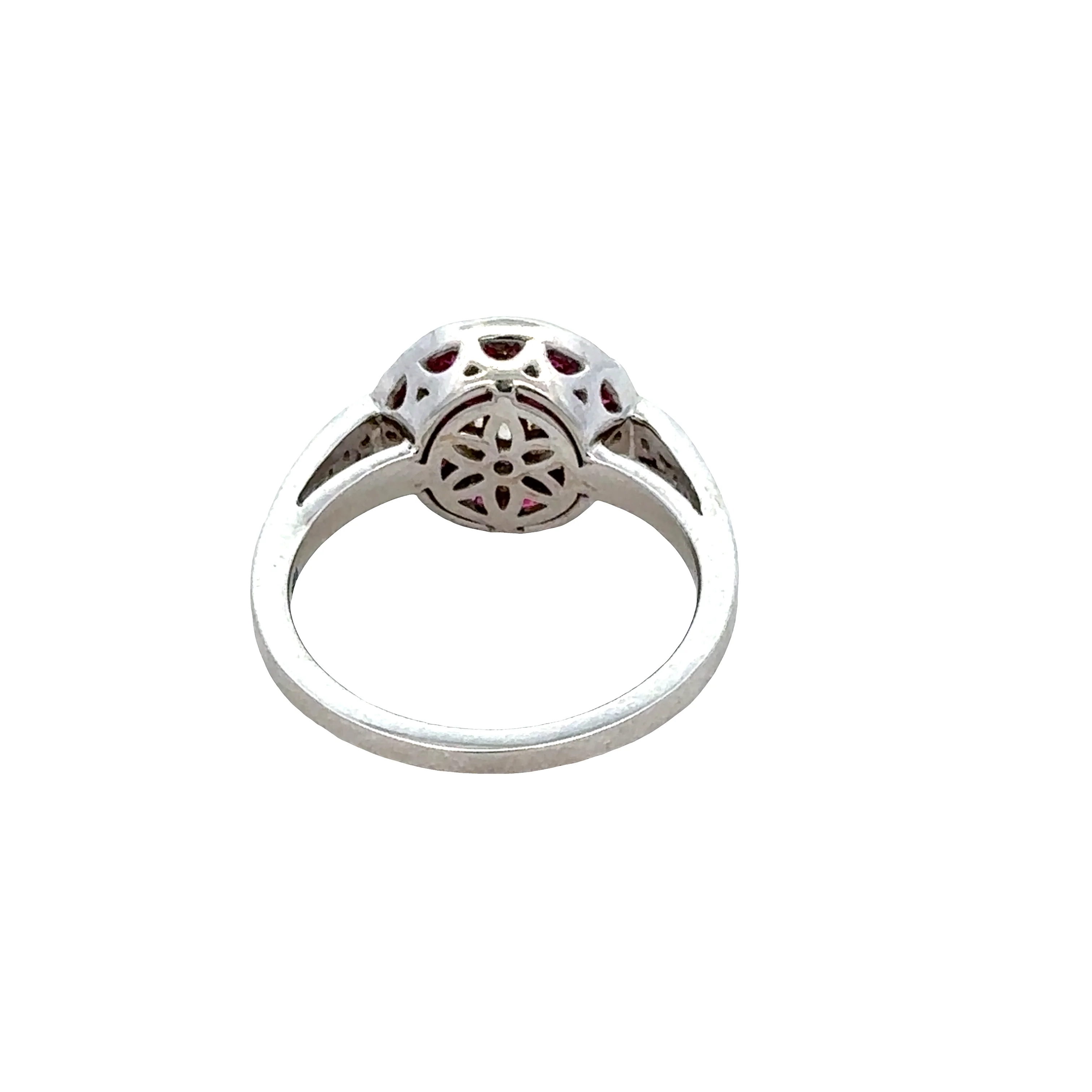 18k White Gold Old European Cut Diamond & Ruby Halo Ring – Size 6.5 - Image 3
