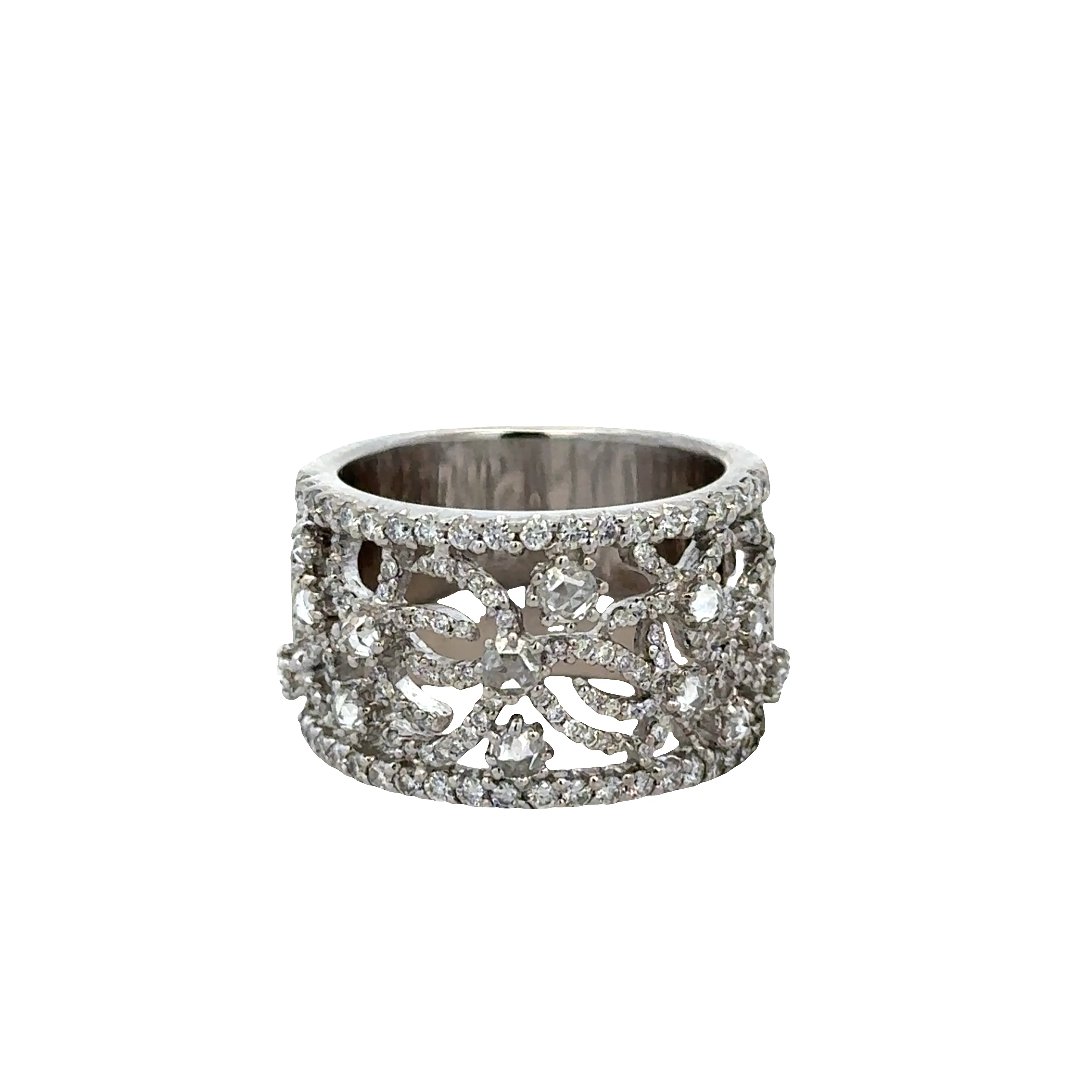 18k White Gold Openwork Rose-Cut & Round Diamond Band – Size 8