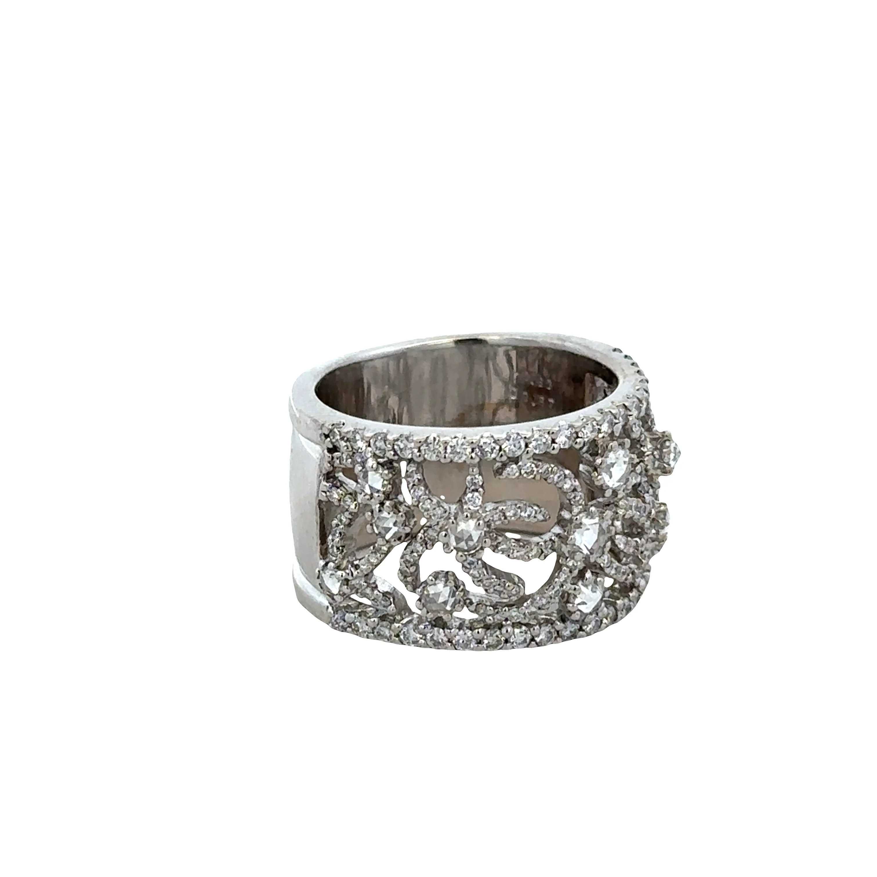 18k White Gold Openwork Rose-Cut & Round Diamond Band – Size 8 - Image 3
