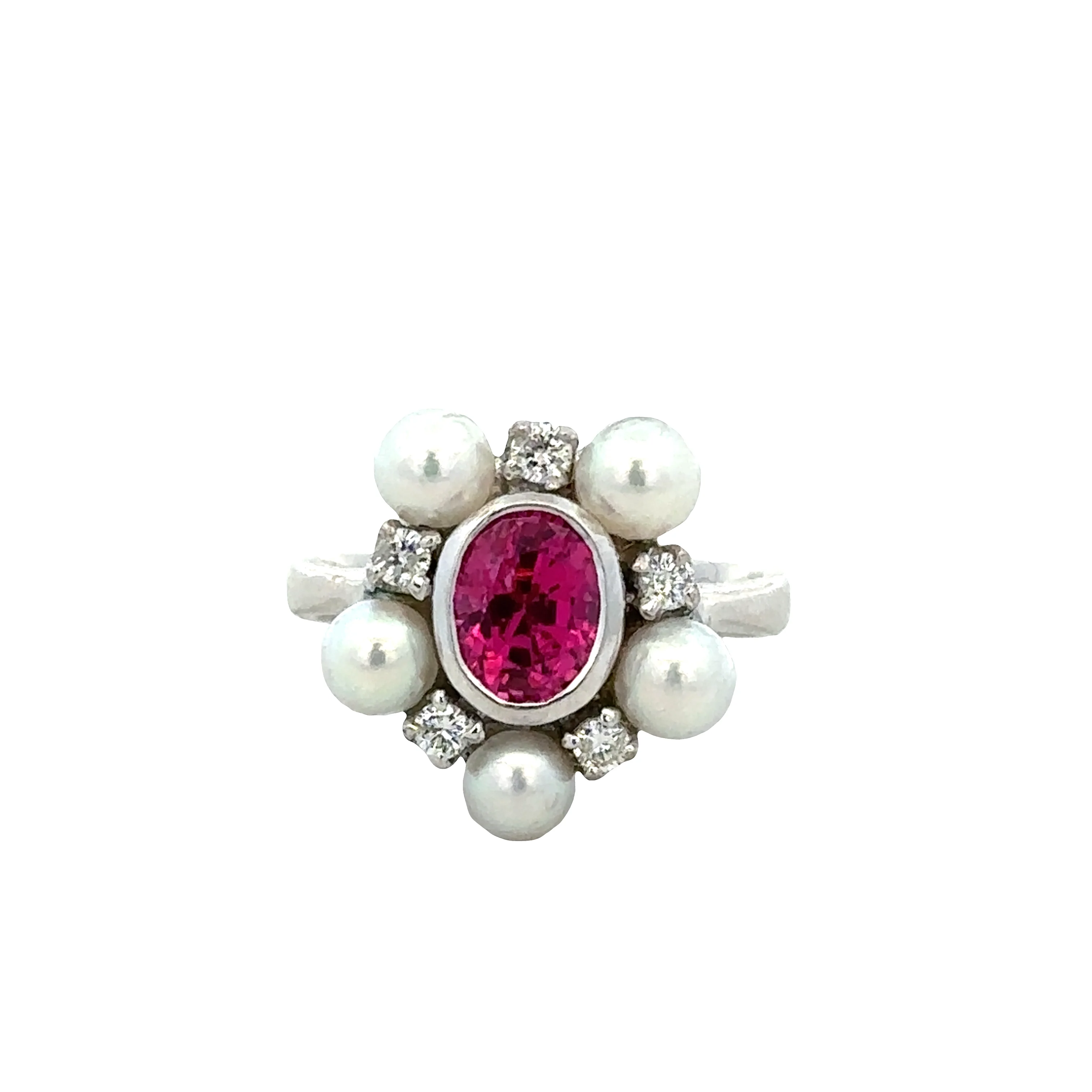 18k White Gold Pink Spinel, Pearl & Diamond Cluster Ring – Size 5.25