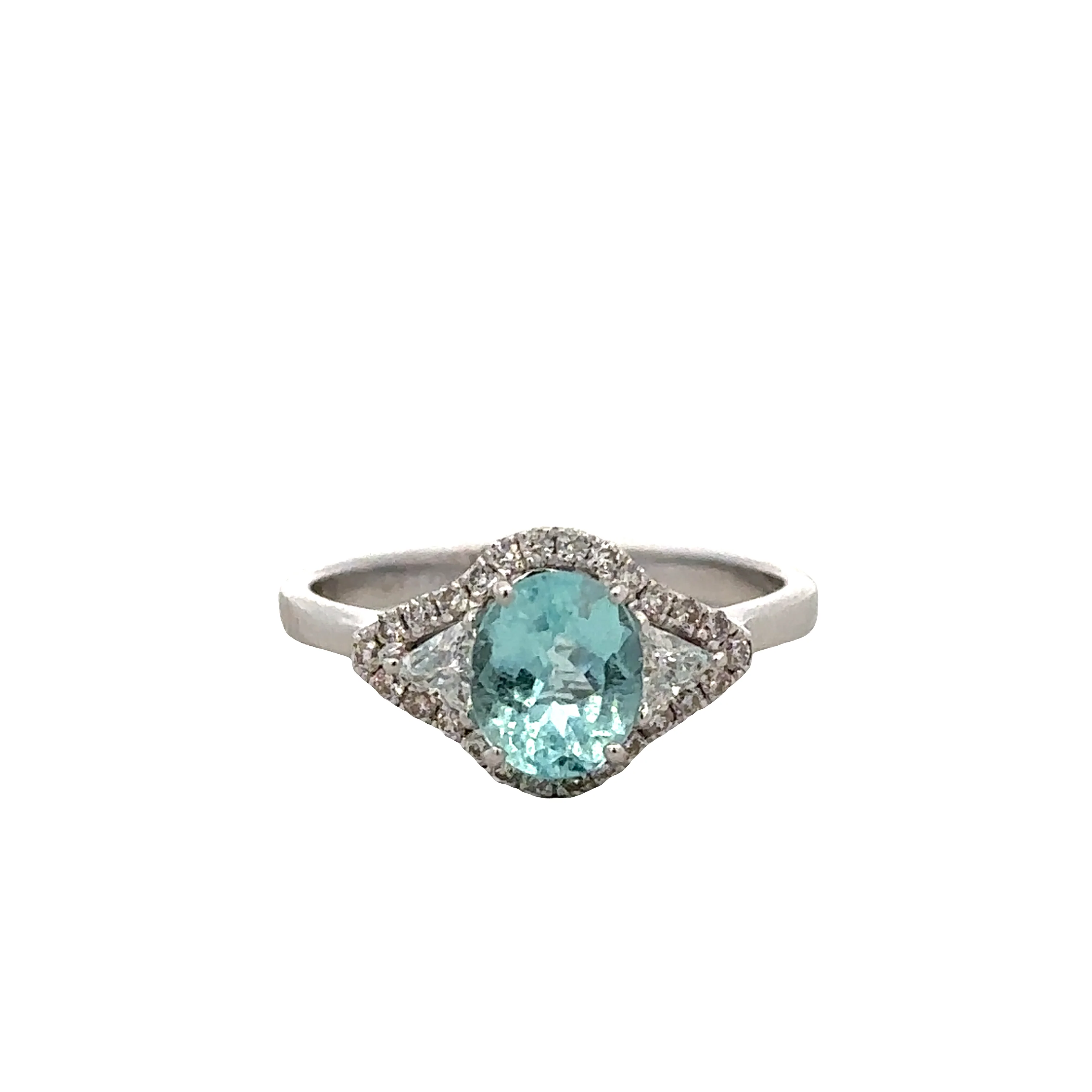 18k White Gold Ring with 0.96 CT Light Paraiba Tourmaline, Trillion and Round Diamond Accents – Size 6
