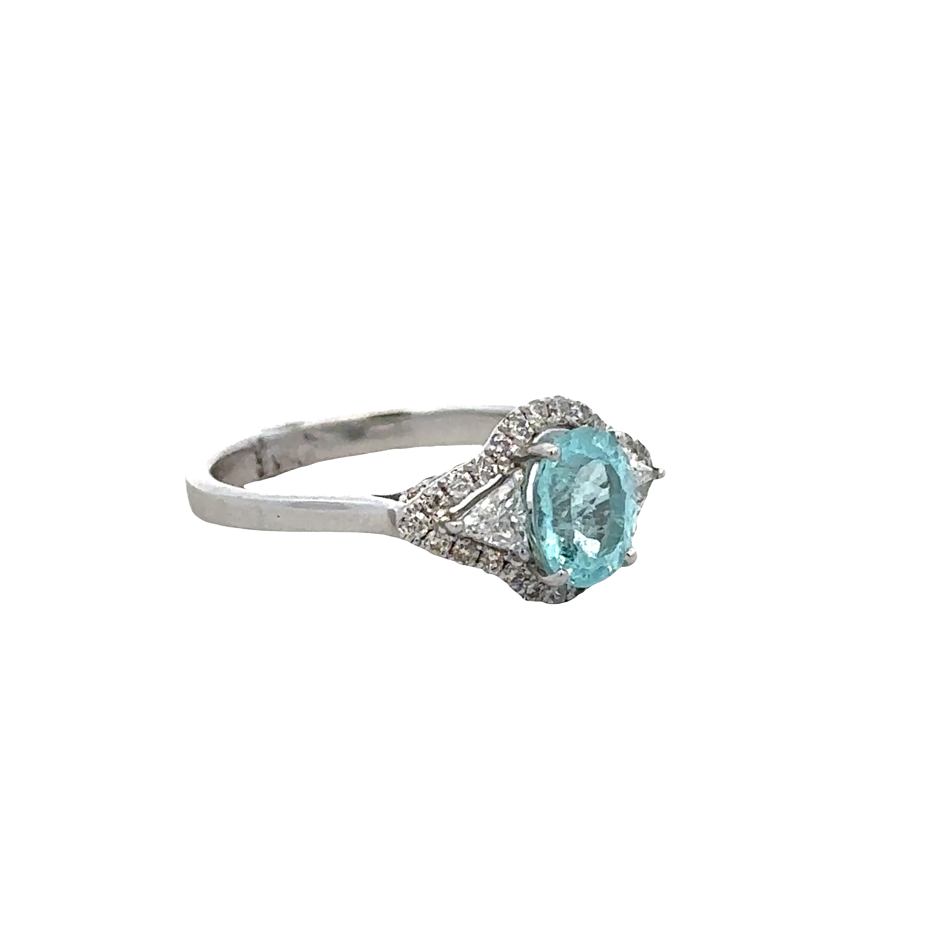 18k White Gold Ring with 0.96 CT Light Paraiba Tourmaline, Trillion and Round Diamond Accents – Size 6 - Image 2