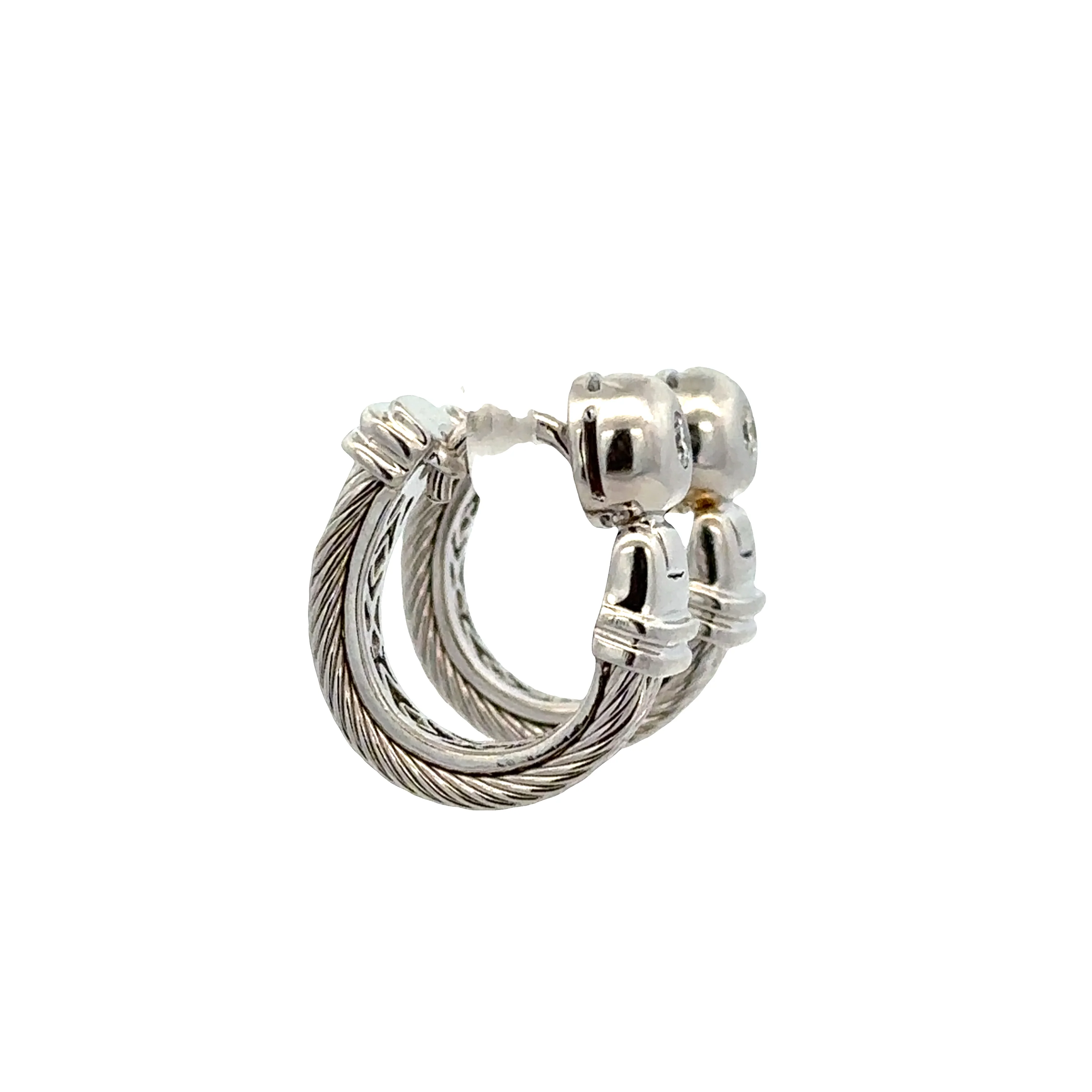18k White Gold Rope Accented Huggie Earrings with Bezel Set Diamonds - Image 3