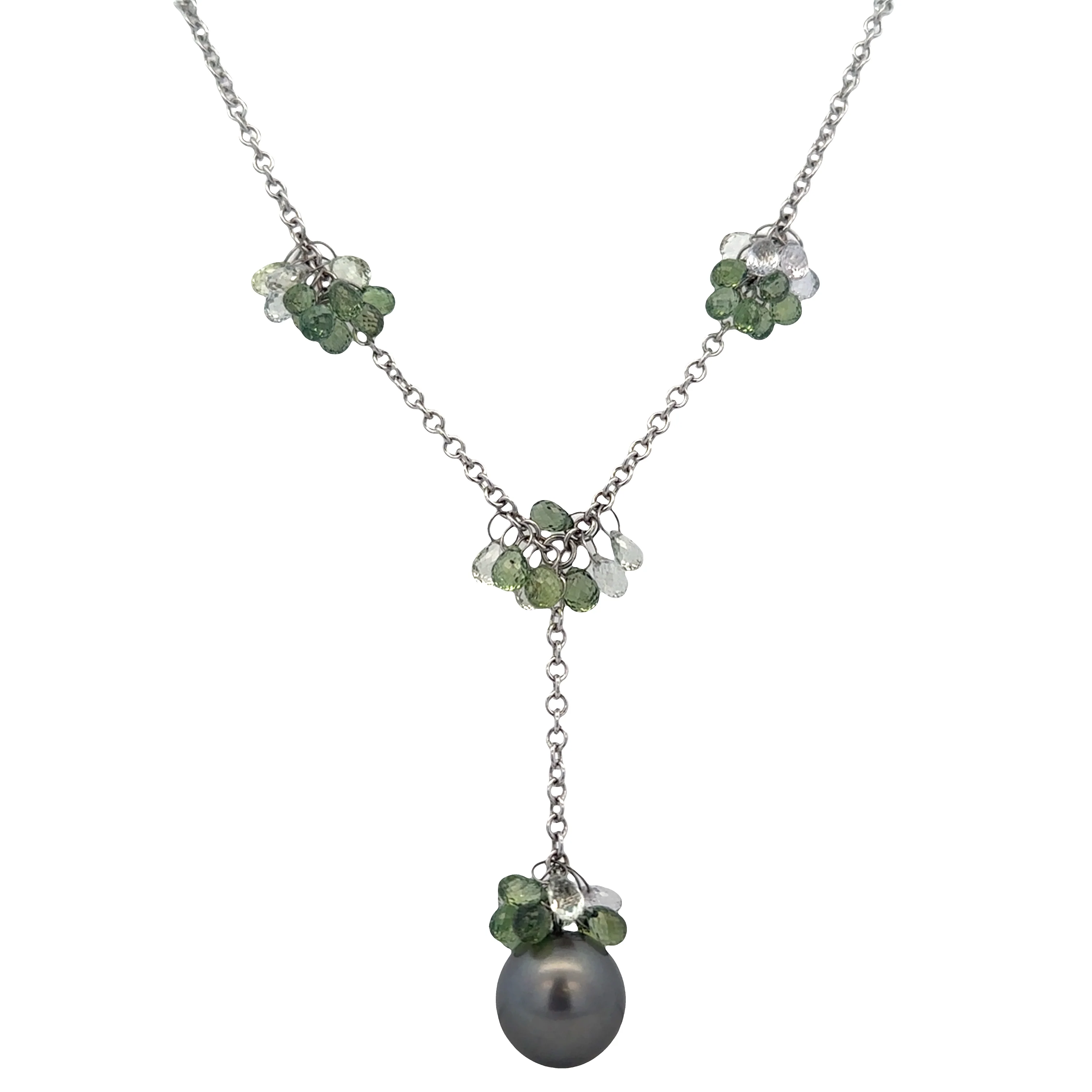 18k White Gold Tahitian Pearl & Briolette Sapphire Necklace – 16"