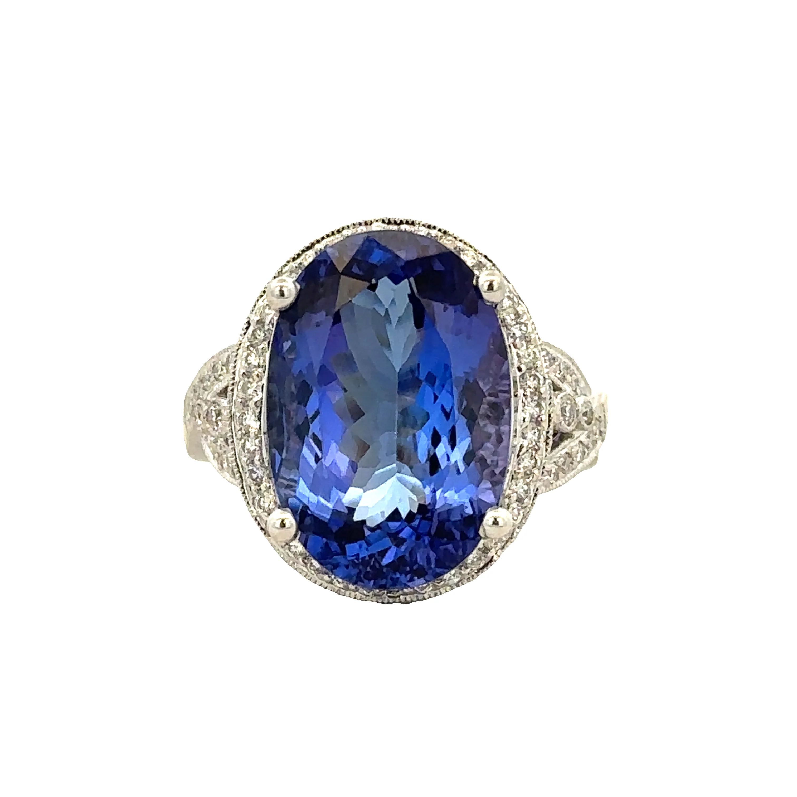 18k White Gold Tanzanite & Diamond Halo Ring – Size 8