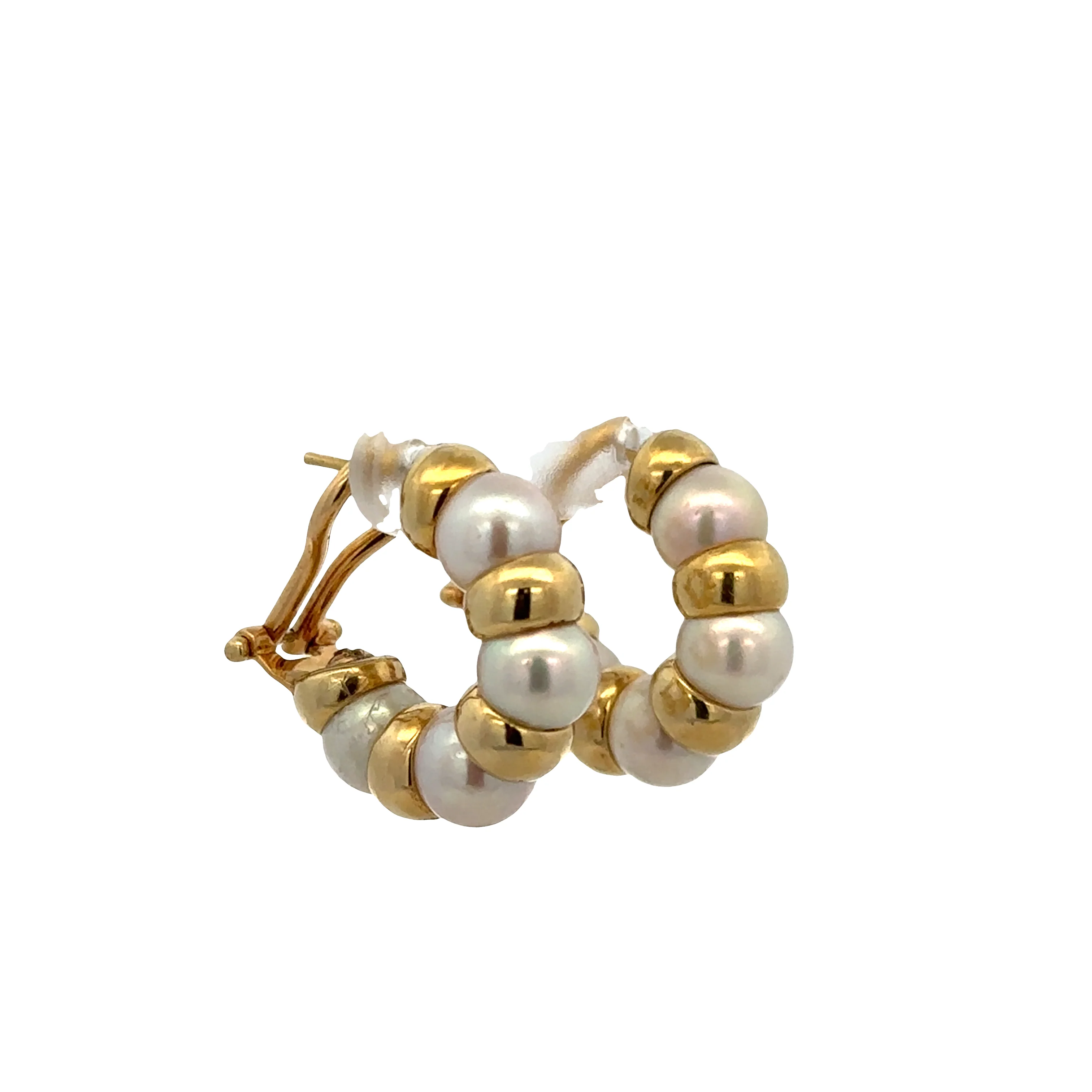 18k Yellow Gold Akoya Pearl & Bead Hoop Earrings – 3/4" Tall - Image 2
