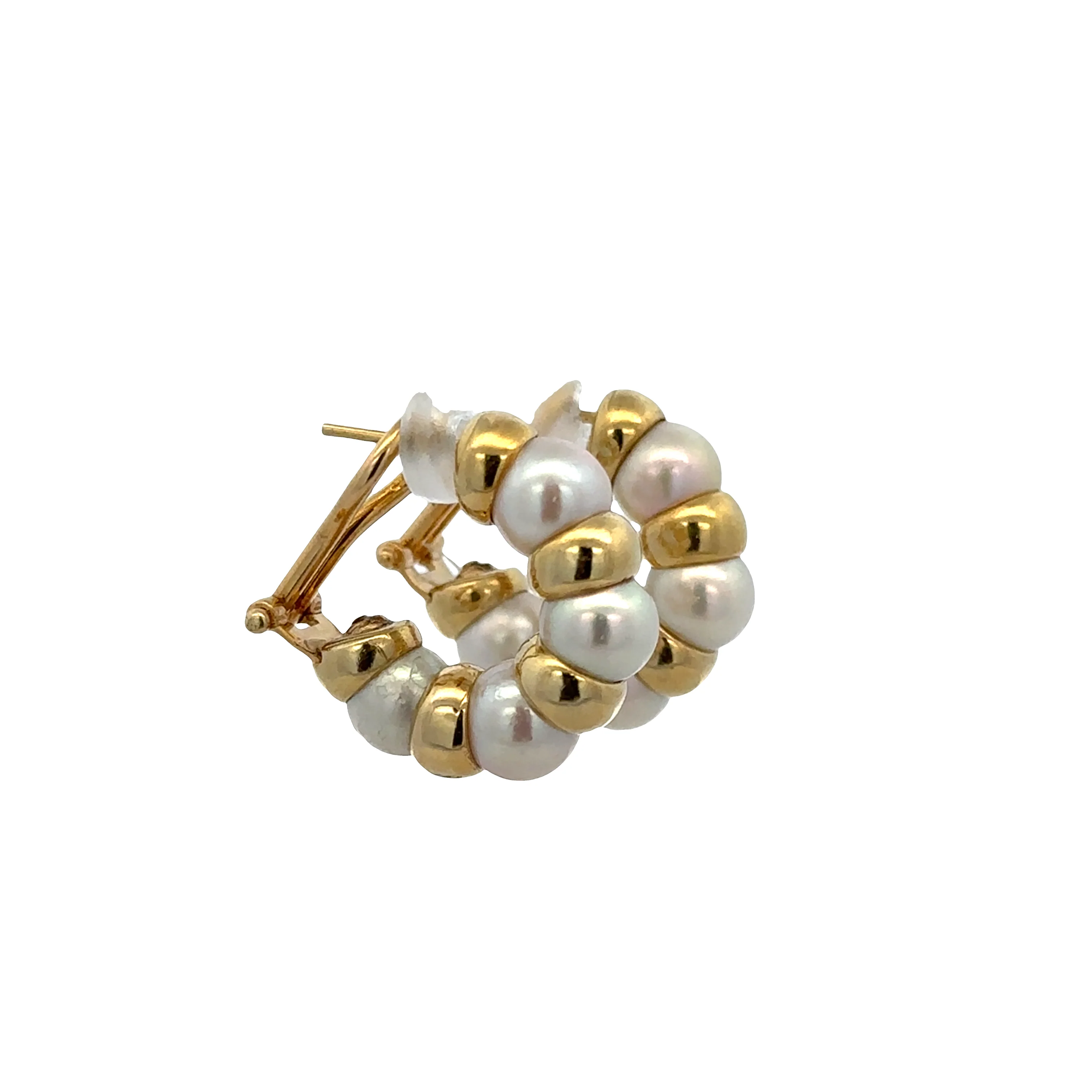 18k Yellow Gold Akoya Pearl & Bead Hoop Earrings – 3/4" Tall - Image 3