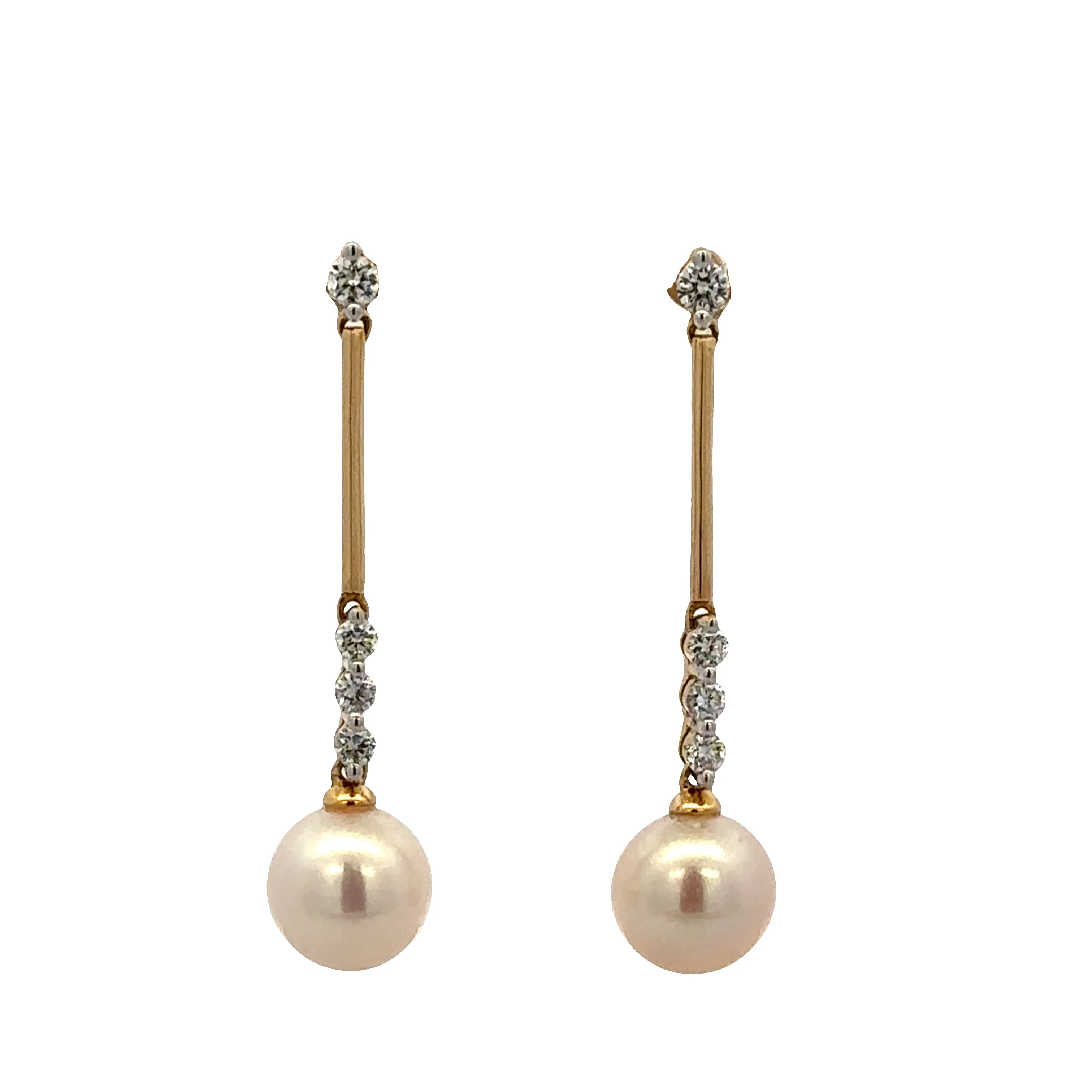 18k Yellow Gold Akoya Pearl & Diamond Dangle Earrings – 1 3/8" Tall