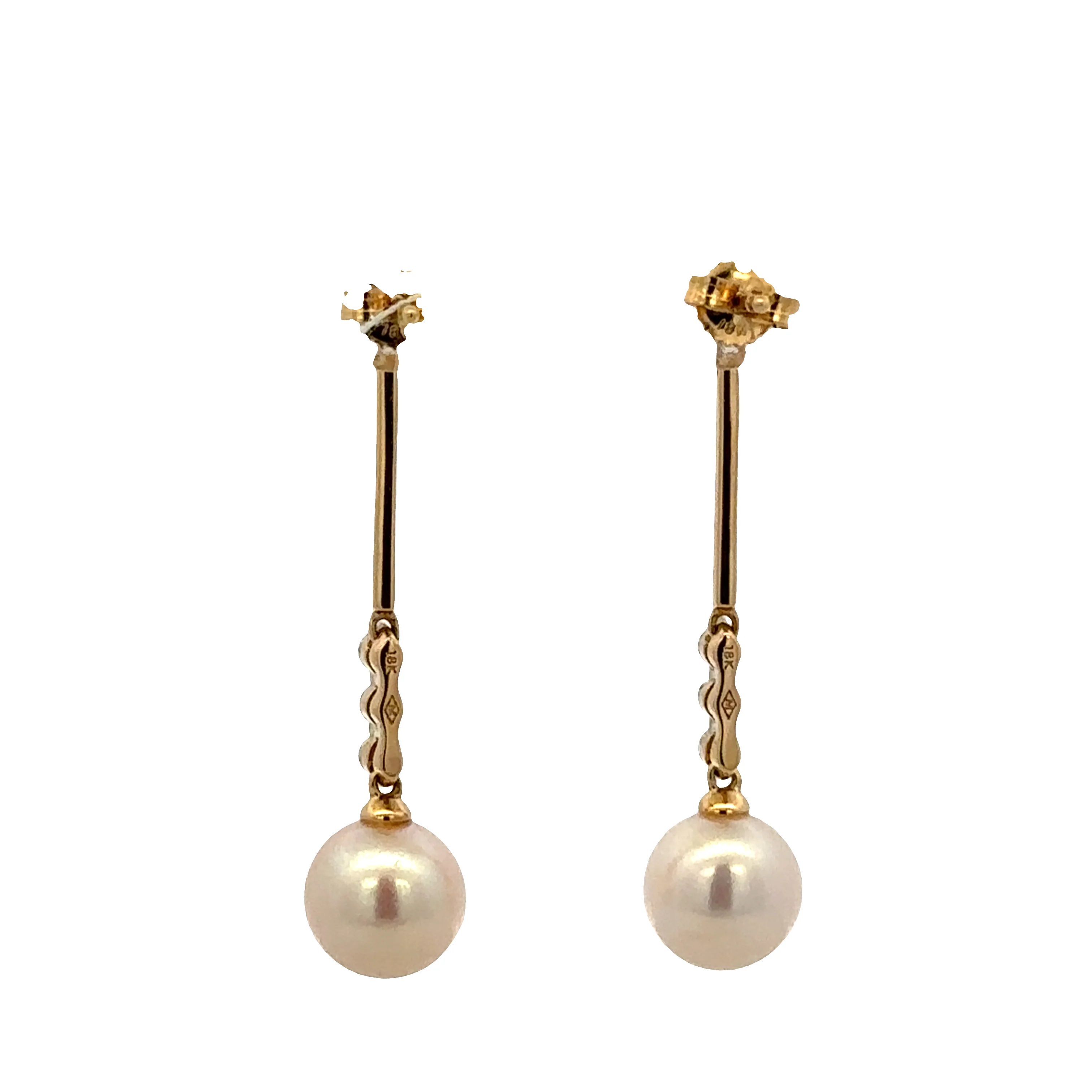 18k Yellow Gold Akoya Pearl & Diamond Dangle Earrings – 1 3/8" Tall - Image 2