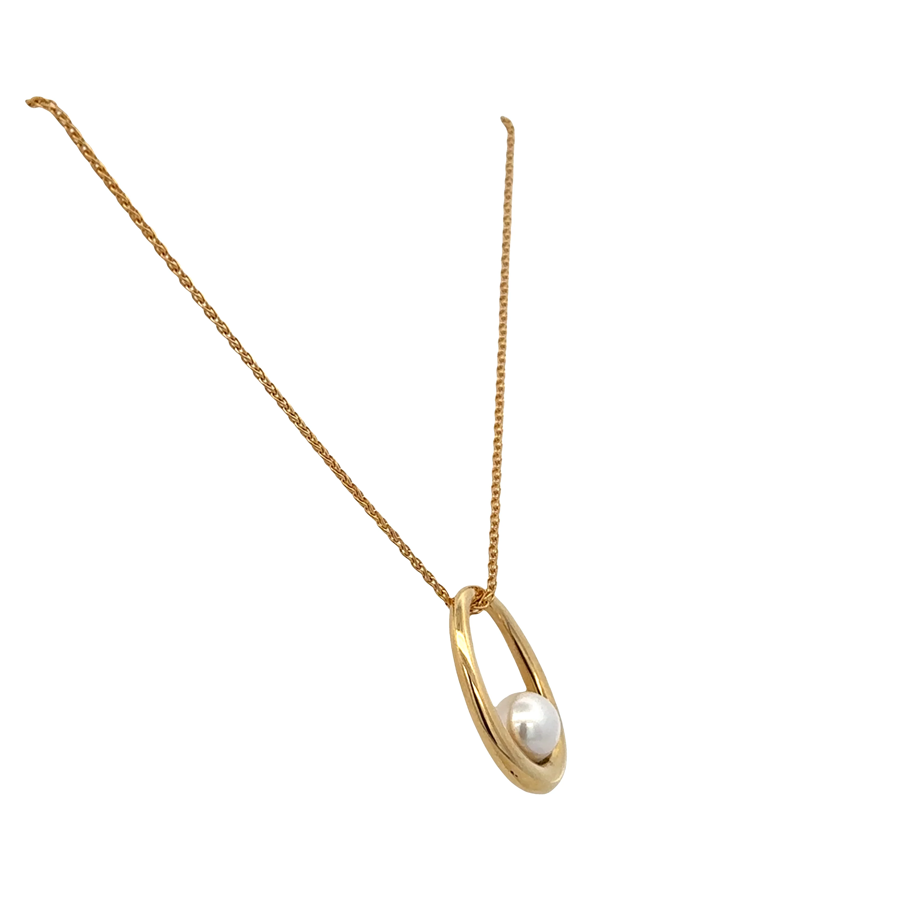 18k Yellow Gold Akoya Pearl Oval Pendant Necklace – 18" - Image 2