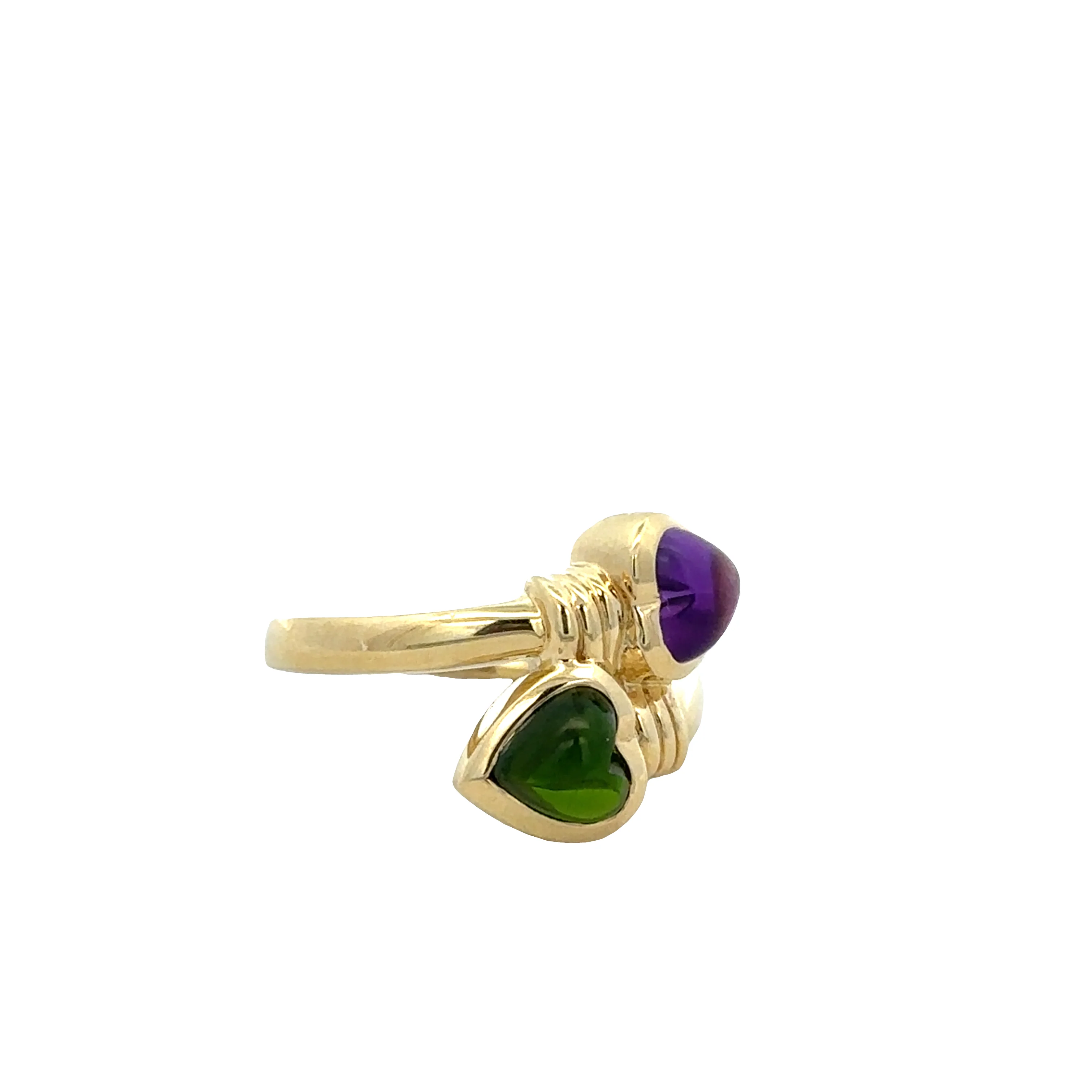18k Yellow Gold Bypass Ring with Amethyst and Green Tourmaline Heart Cabochons - Image 2