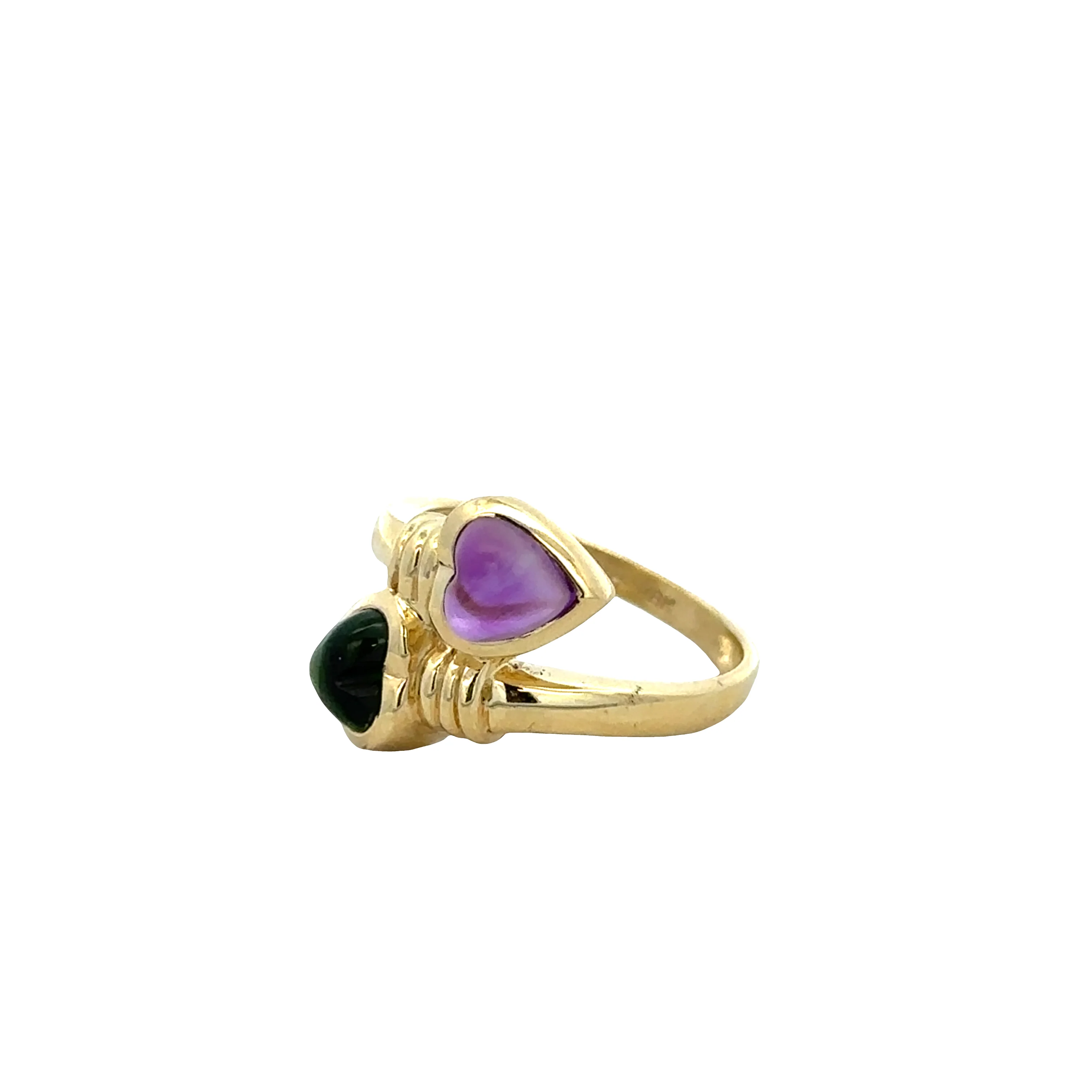 18k Yellow Gold Bypass Ring with Amethyst and Green Tourmaline Heart Cabochons - Image 3