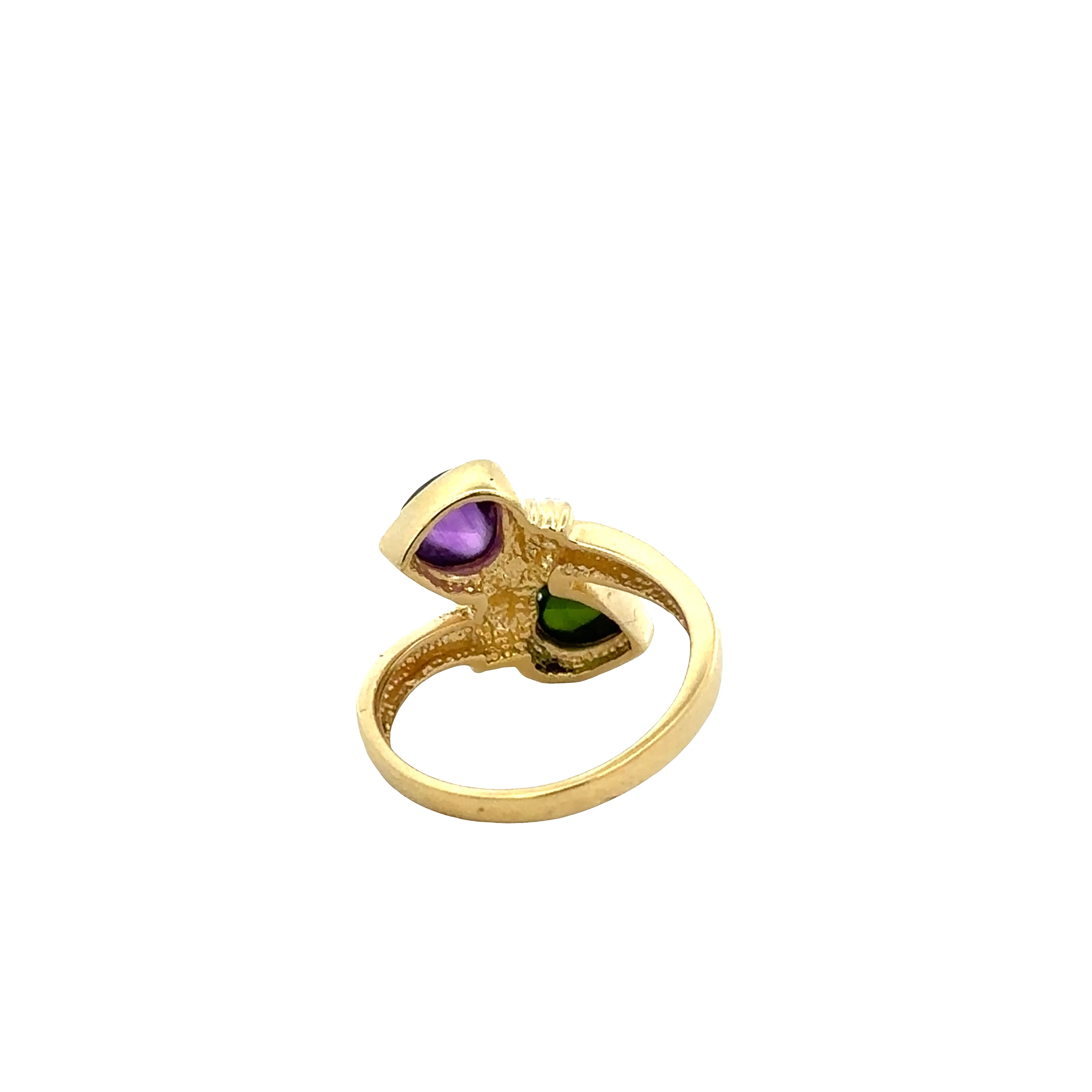 18k Yellow Gold Bypass Ring with Amethyst and Green Tourmaline Heart Cabochons - Image 4