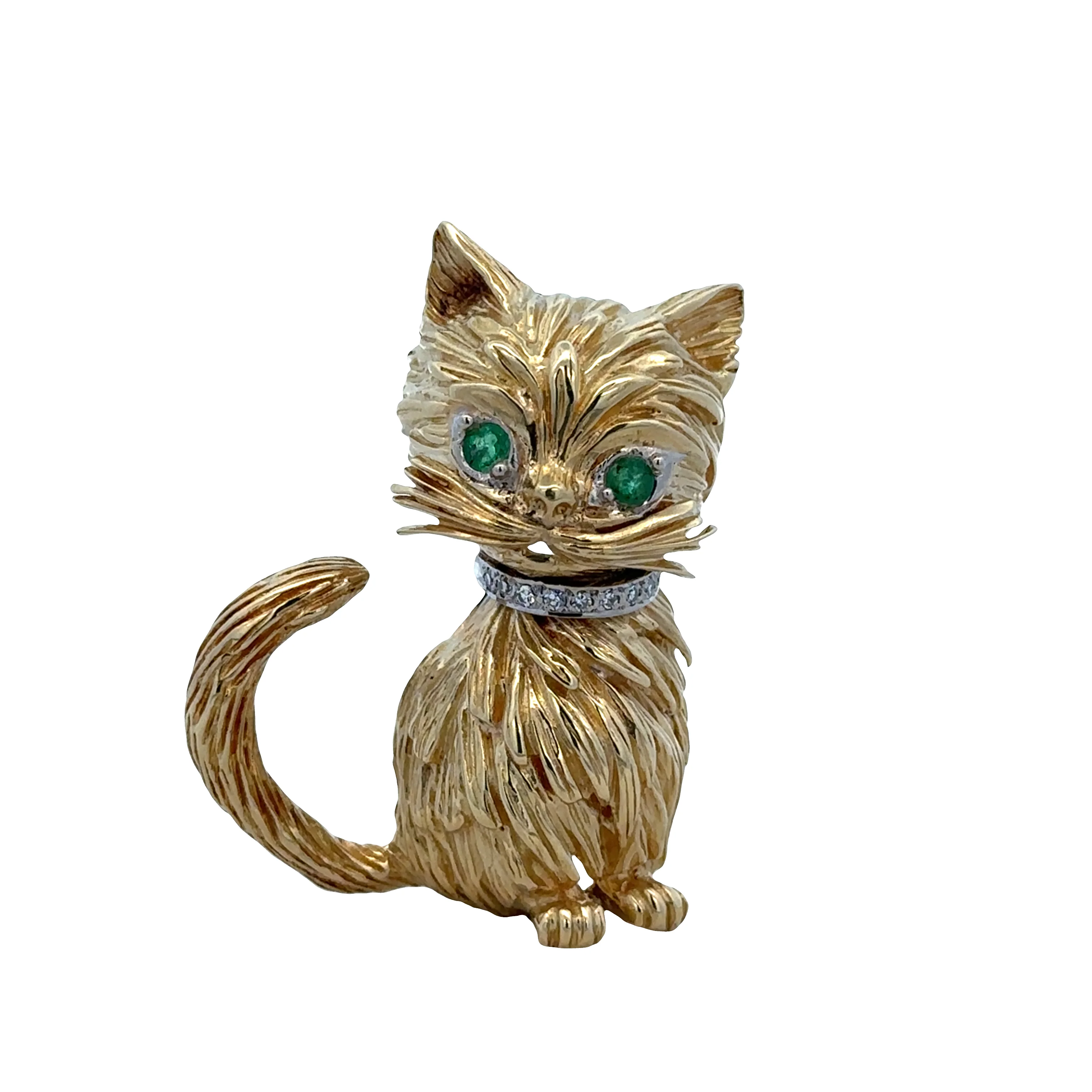 18k Yellow Gold Diamond & Emerald Cat Brooch
