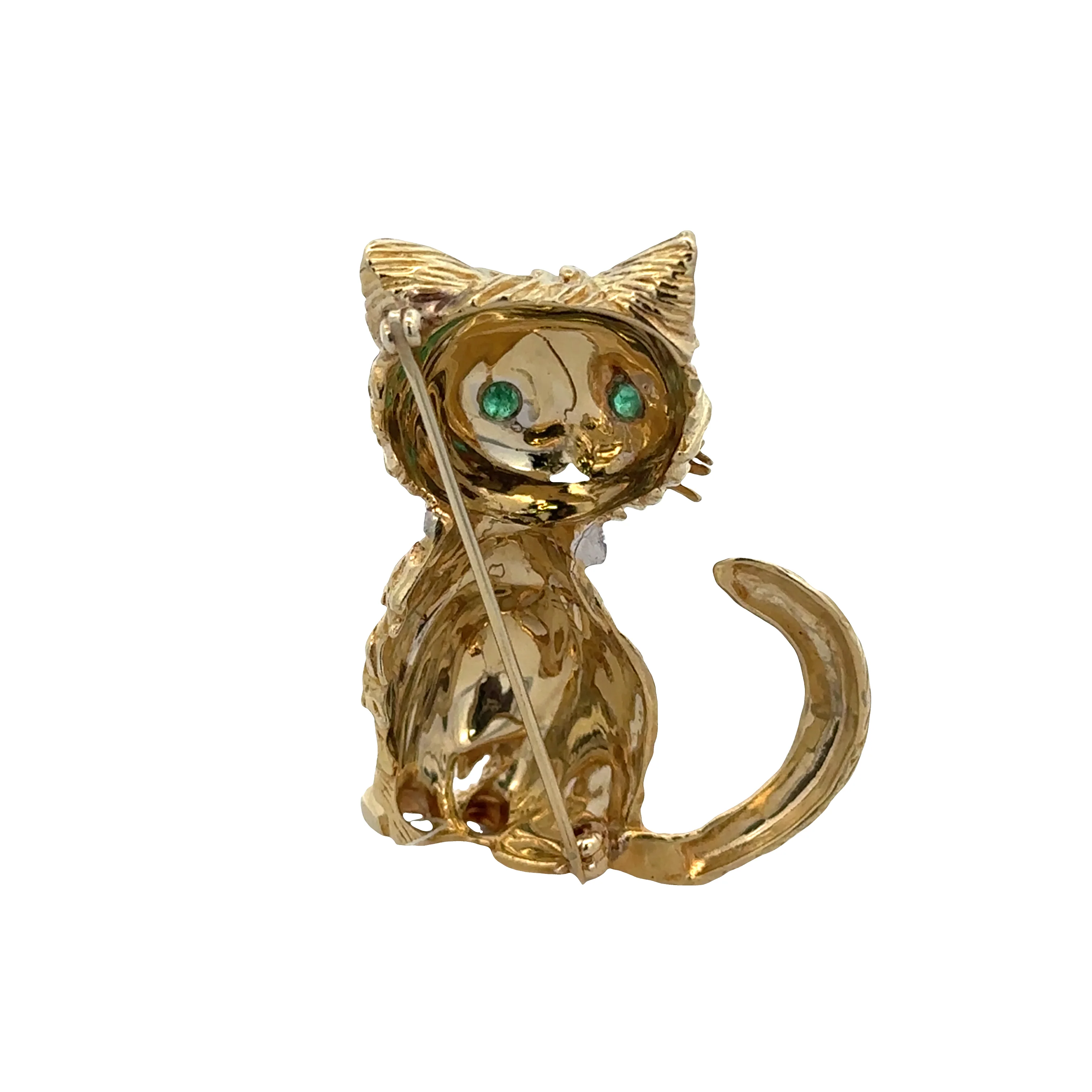 18k Yellow Gold Diamond & Emerald Cat Brooch - Image 2