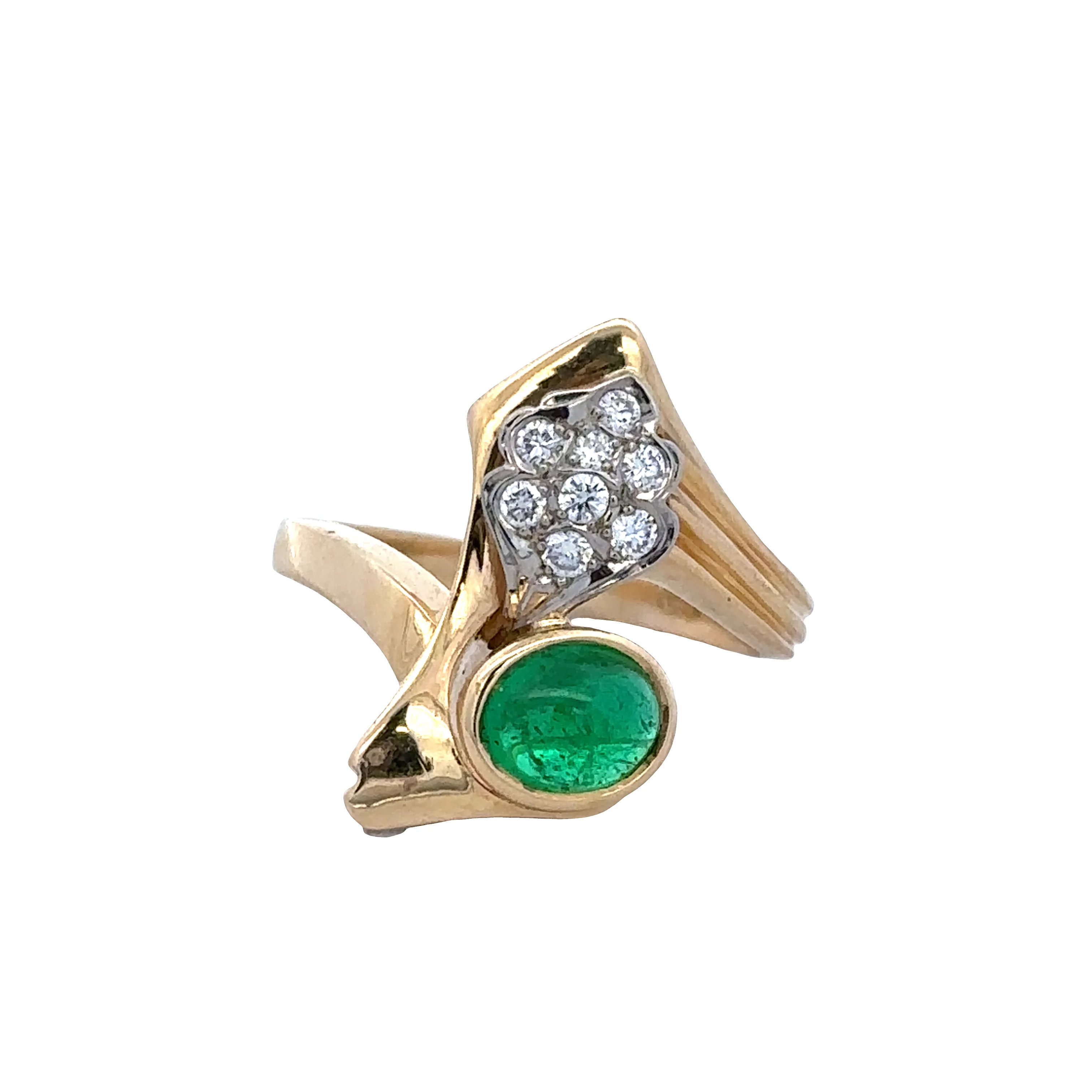 18k Yellow Gold Emerald & Diamond Abstract Floral Ring – Size 6.5