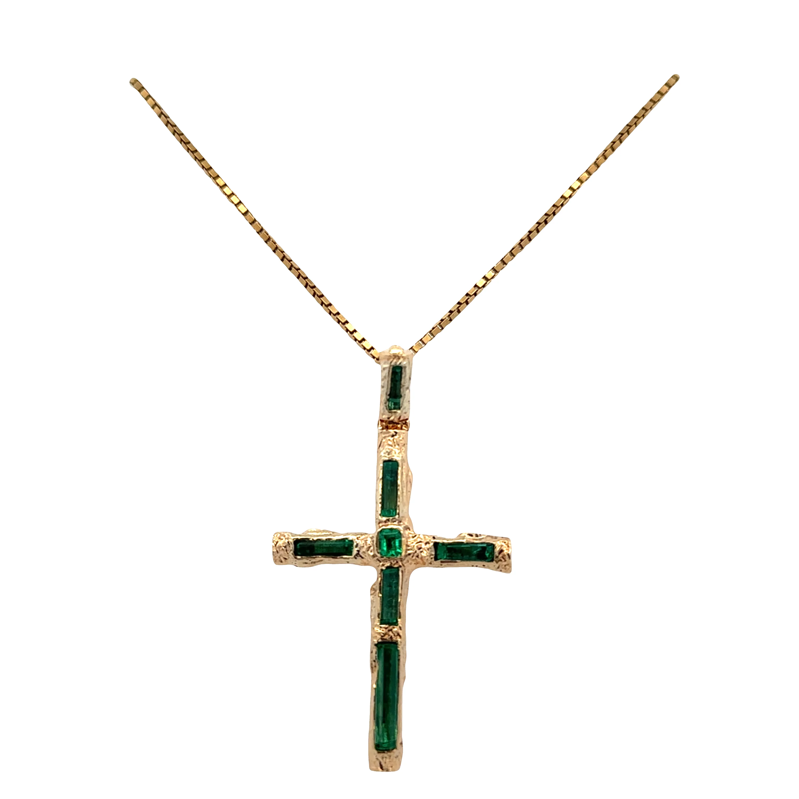 18k Yellow Gold Emerald & Green Tourmaline Cross Pendant Necklace – 24" - Image 4