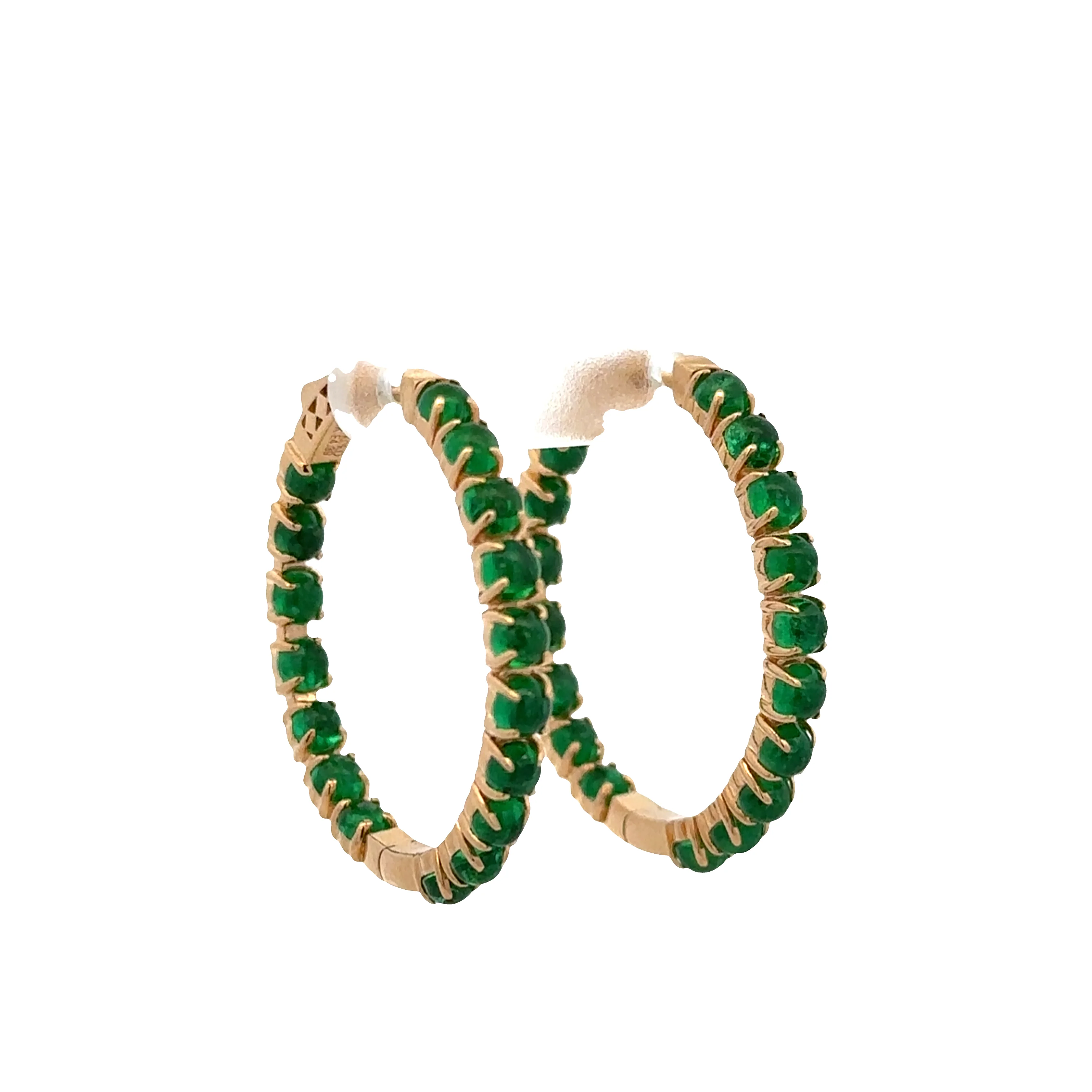 18k Yellow Gold Hoop Earrings with 4.39 CTW Emerald Cabochons – 1" Tall