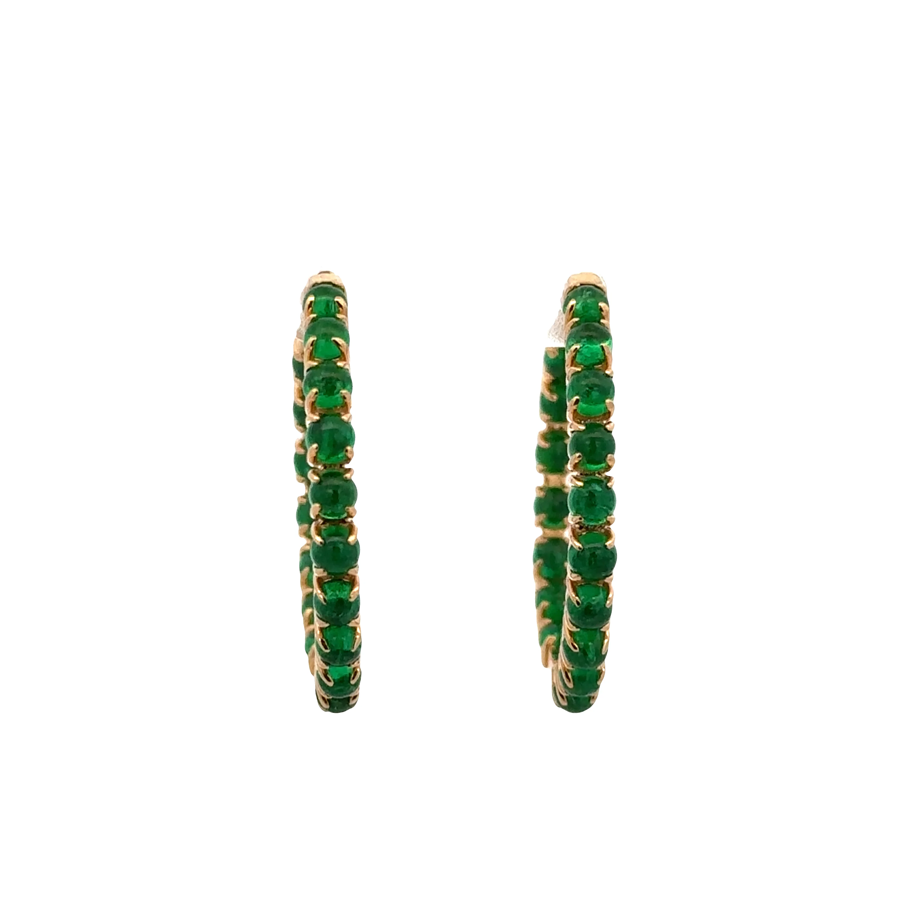 18k Yellow Gold Hoop Earrings with 4.39 CTW Emerald Cabochons – 1" Tall - Image 2