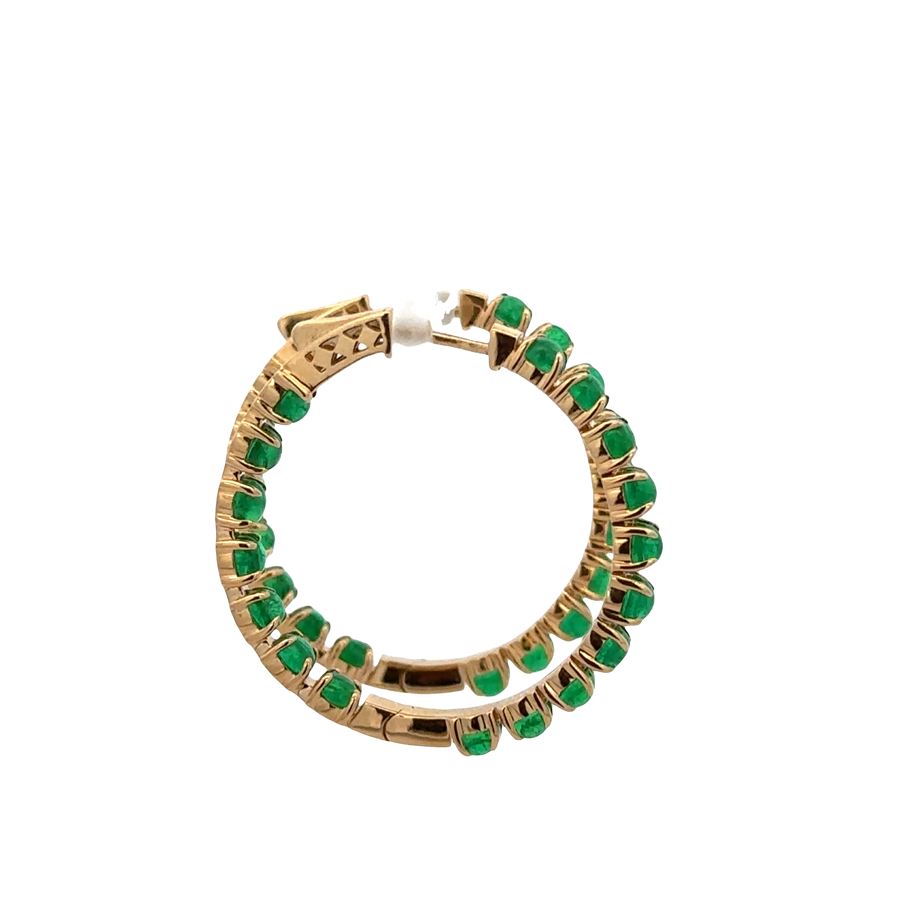 18k Yellow Gold Hoop Earrings with 4.39 CTW Emerald Cabochons – 1" Tall - Image 3