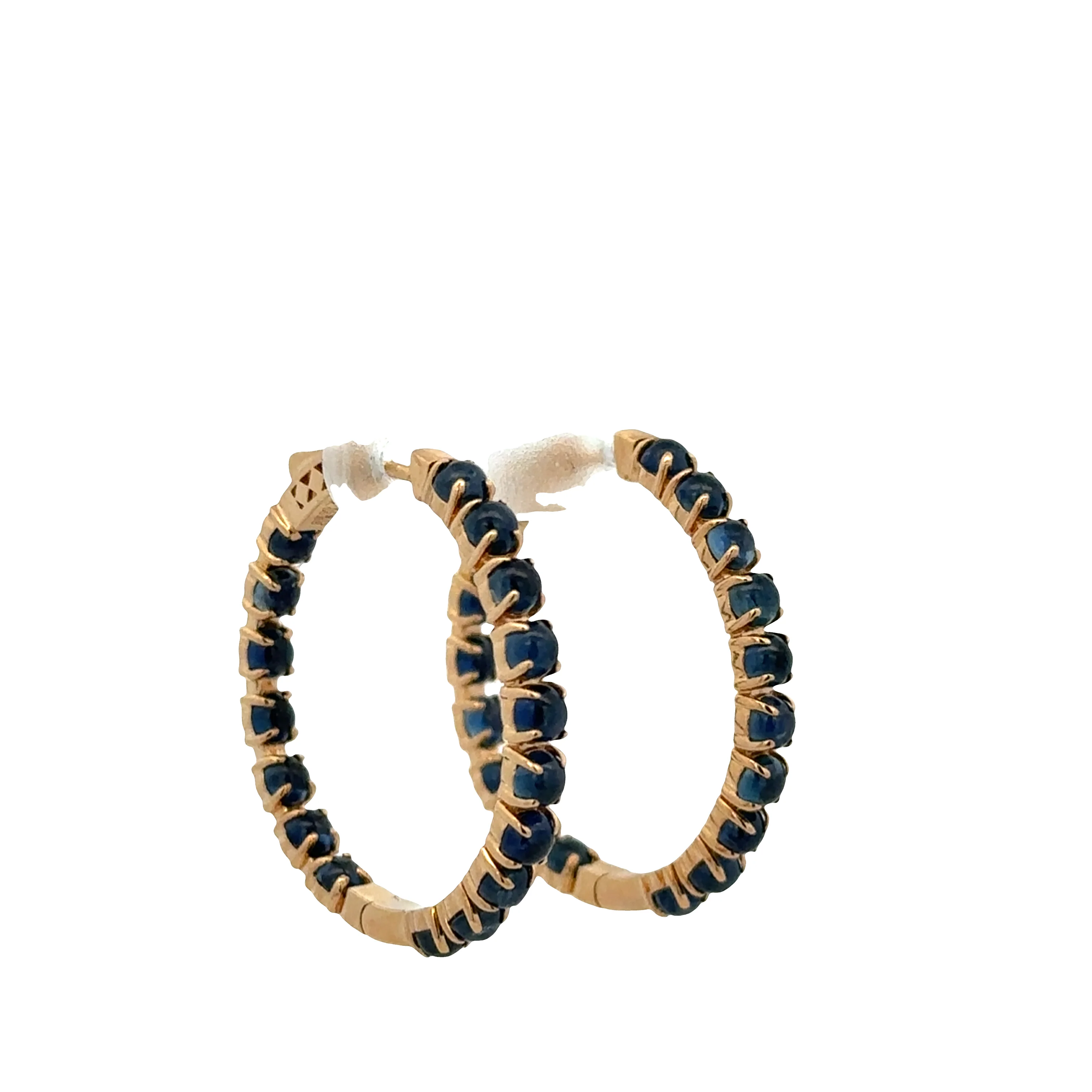 18k Yellow Gold Hoop Earrings with 6.08 CTW Blue Sapphire Cabochons – 1-1/8" Tall