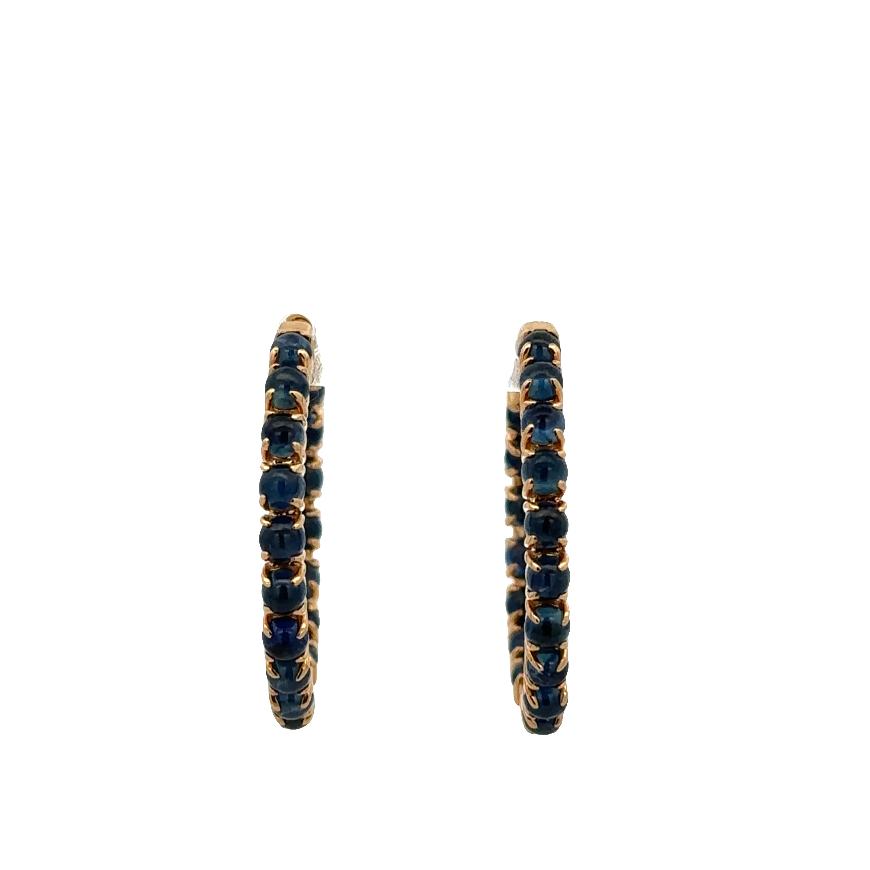 18k Yellow Gold Hoop Earrings with 6.08 CTW Blue Sapphire Cabochons – 1-1/8" Tall - Image 2