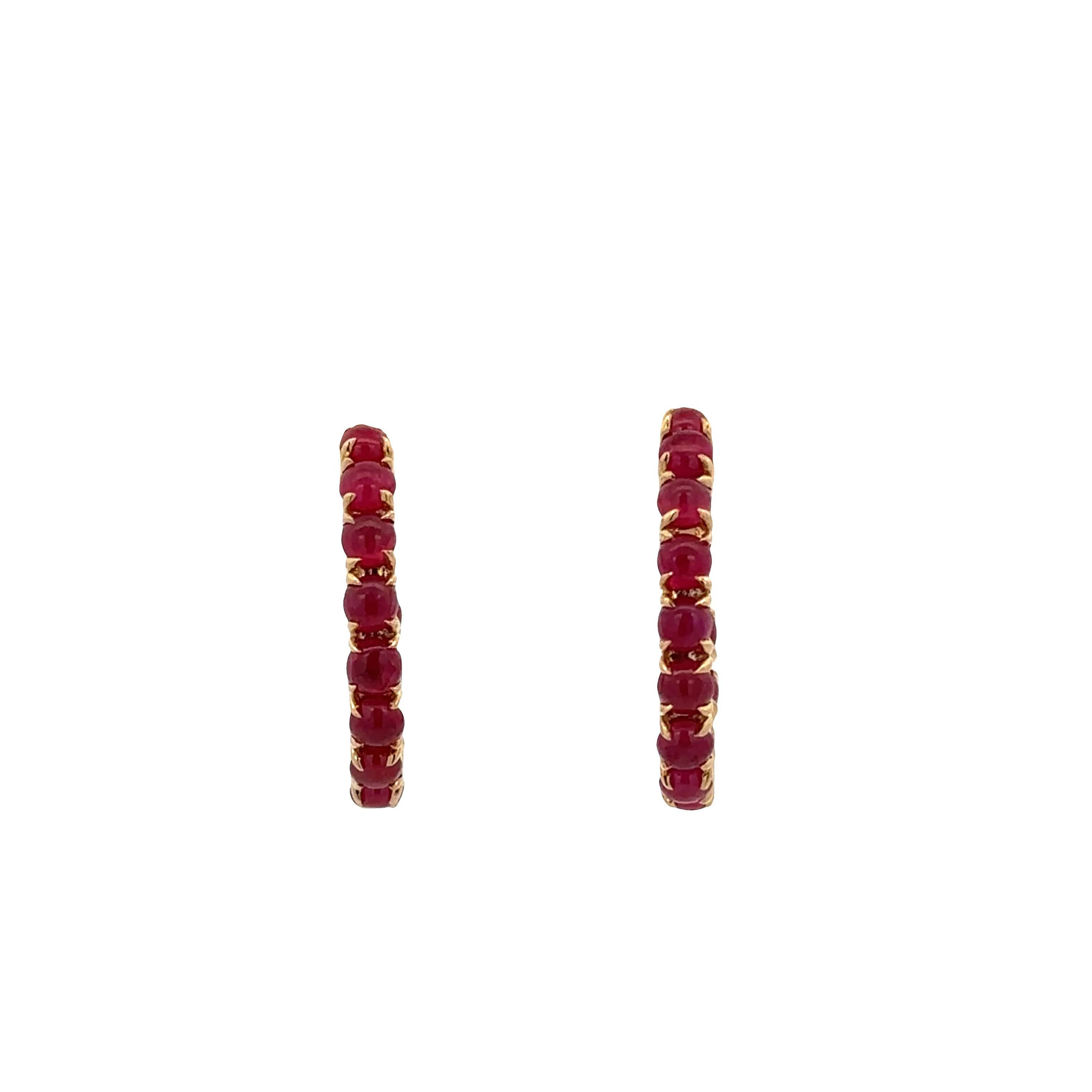 18k Yellow Gold Huggie Earrings with 3.42 CTW Ruby Cabochons – 3/4" Tall - Image 3