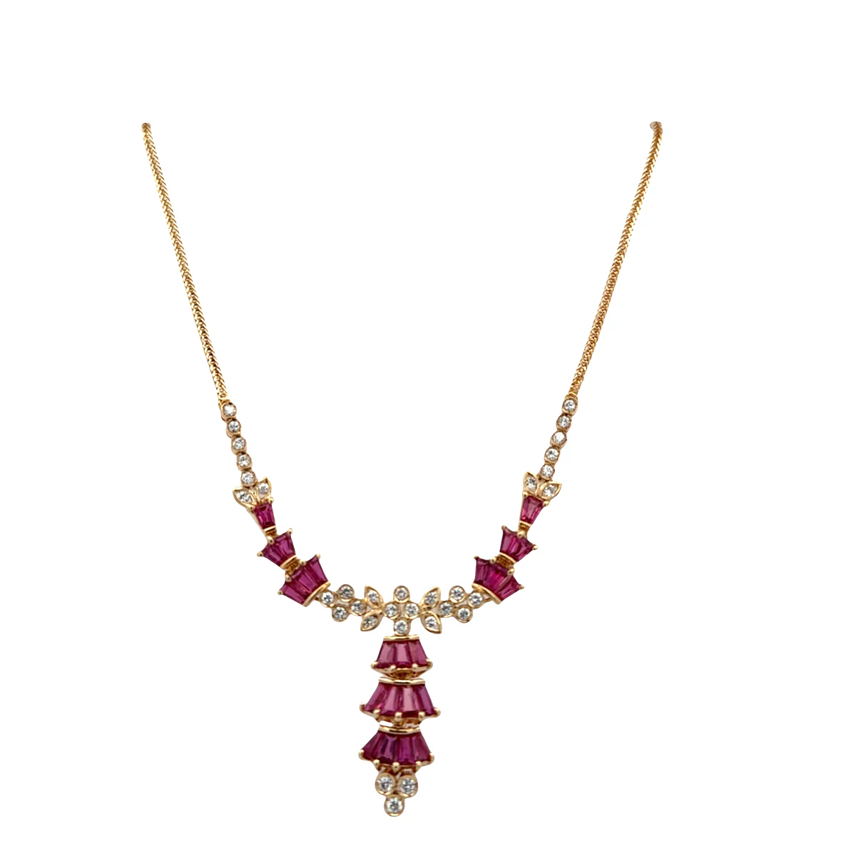 18k Yellow Gold Ruby & Diamond Foliate Necklace – 16.5" - Image 3