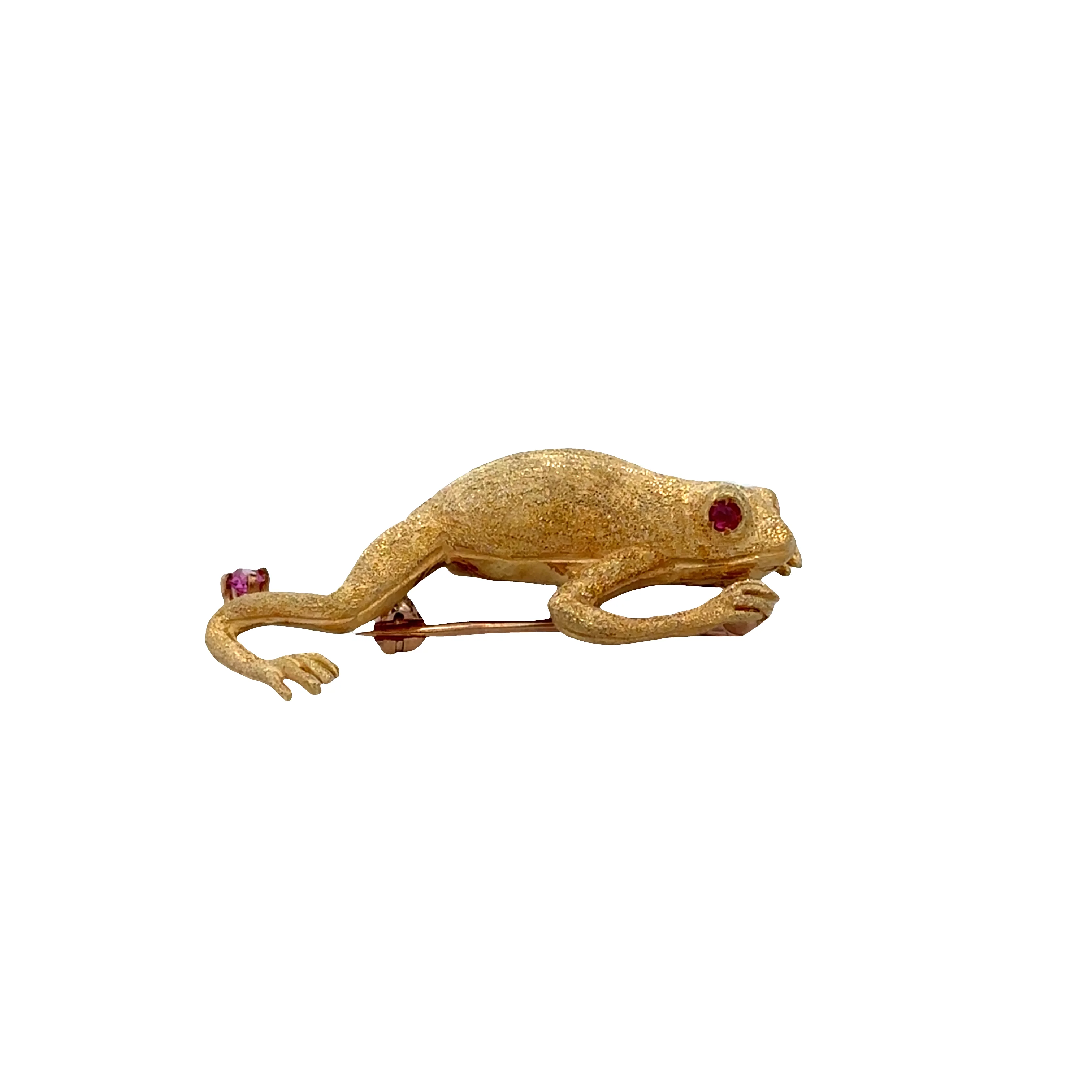 18k Yellow Gold Textured Frog Brooch with Ruby & Diamond Accents