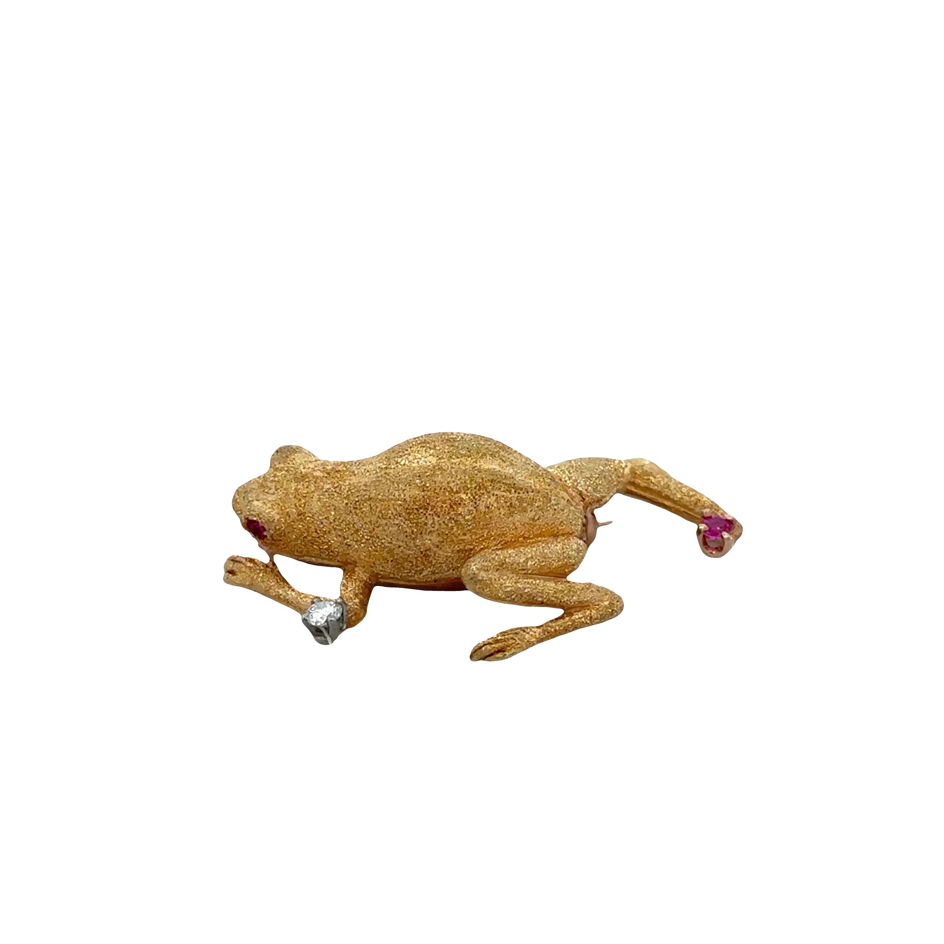 18k Yellow Gold Textured Frog Brooch with Ruby & Diamond Accents - Image 2