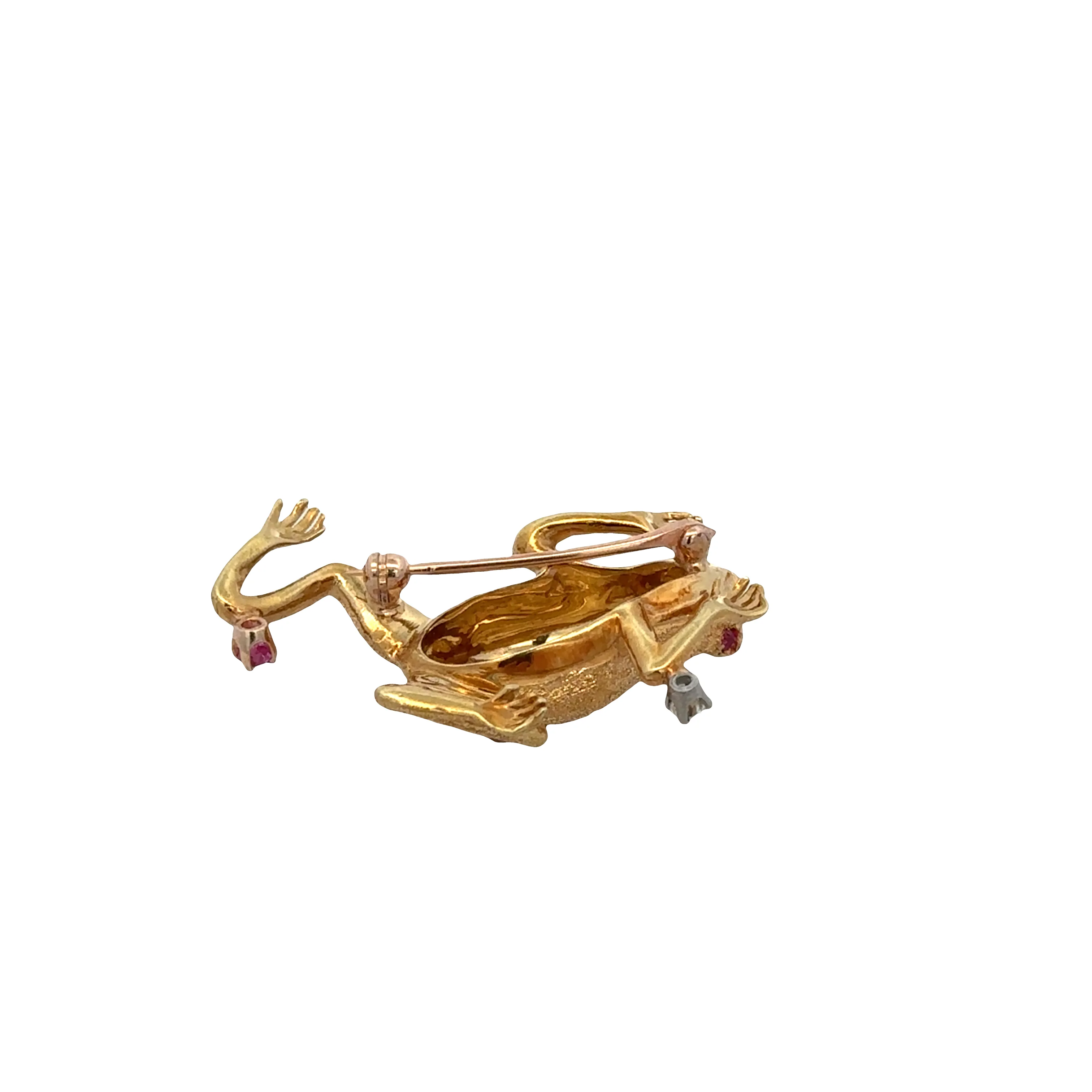 18k Yellow Gold Textured Frog Brooch with Ruby & Diamond Accents - Image 3