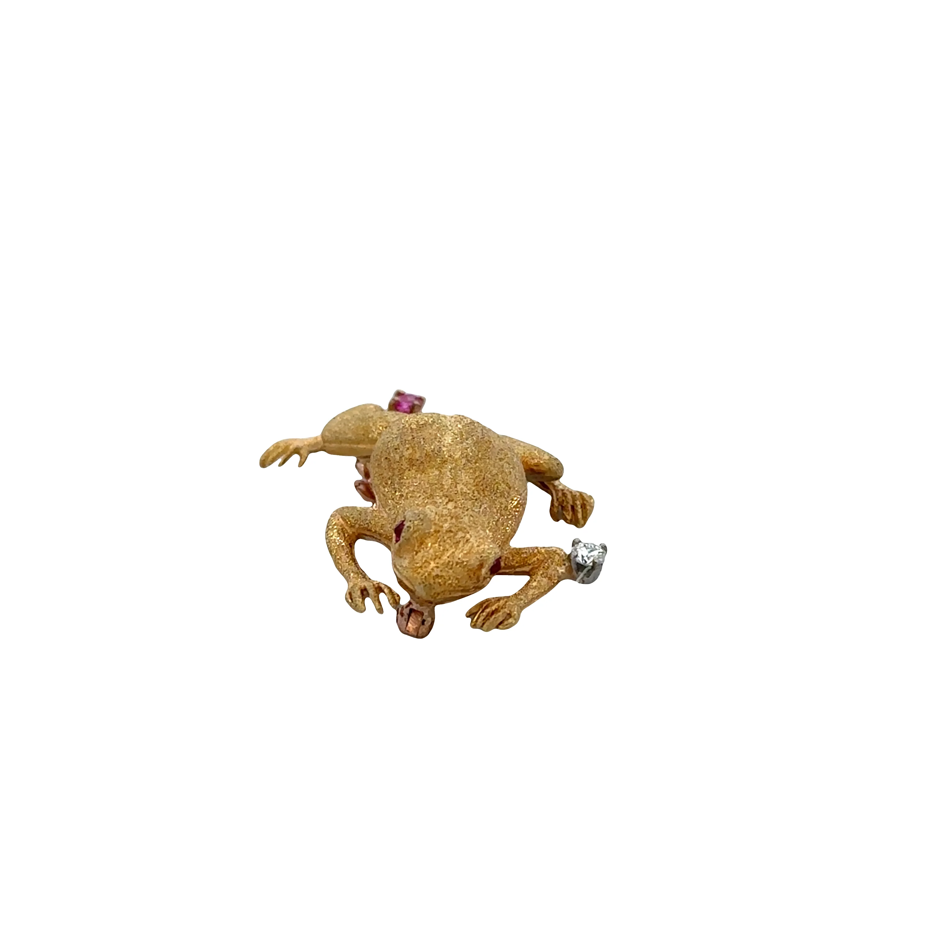 18k Yellow Gold Textured Frog Brooch with Ruby & Diamond Accents - Image 4