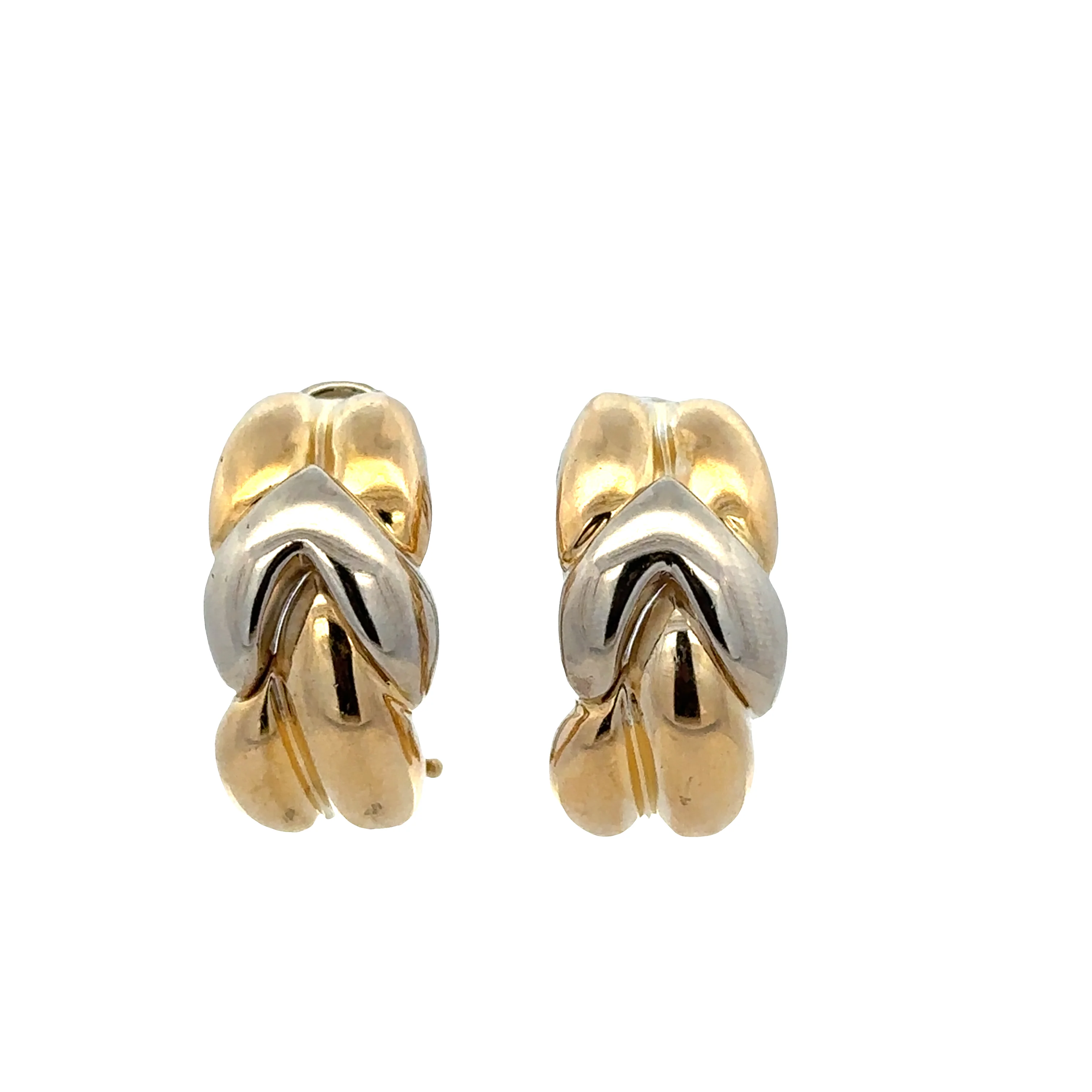 18k Yellow & White Gold Braided Textured Hoop Earrings – 7/8" Tall