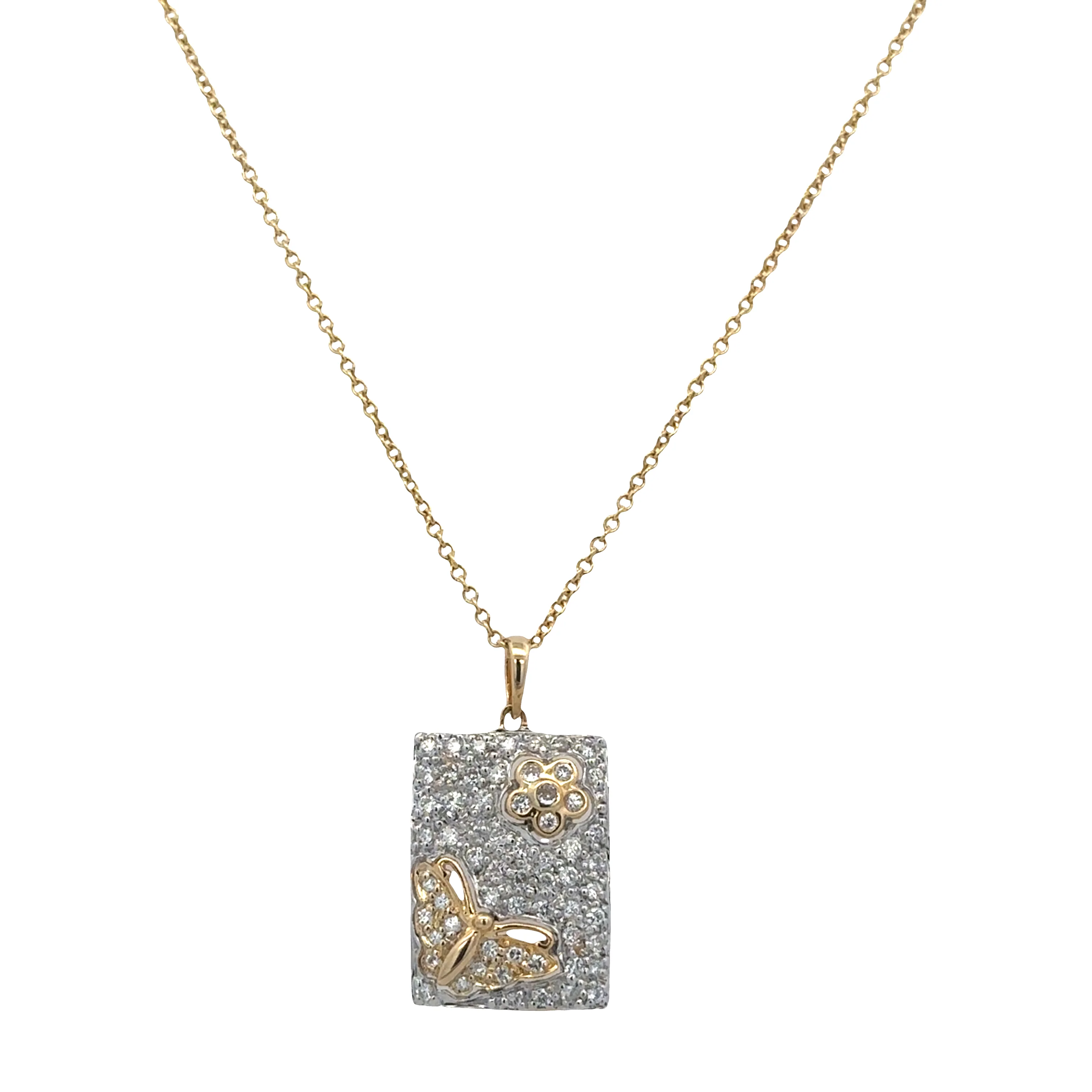 18K Yellow & White Gold Diamond Pendant with Butterfly & Flower Motif – 0.58 CTW, 18" Chain