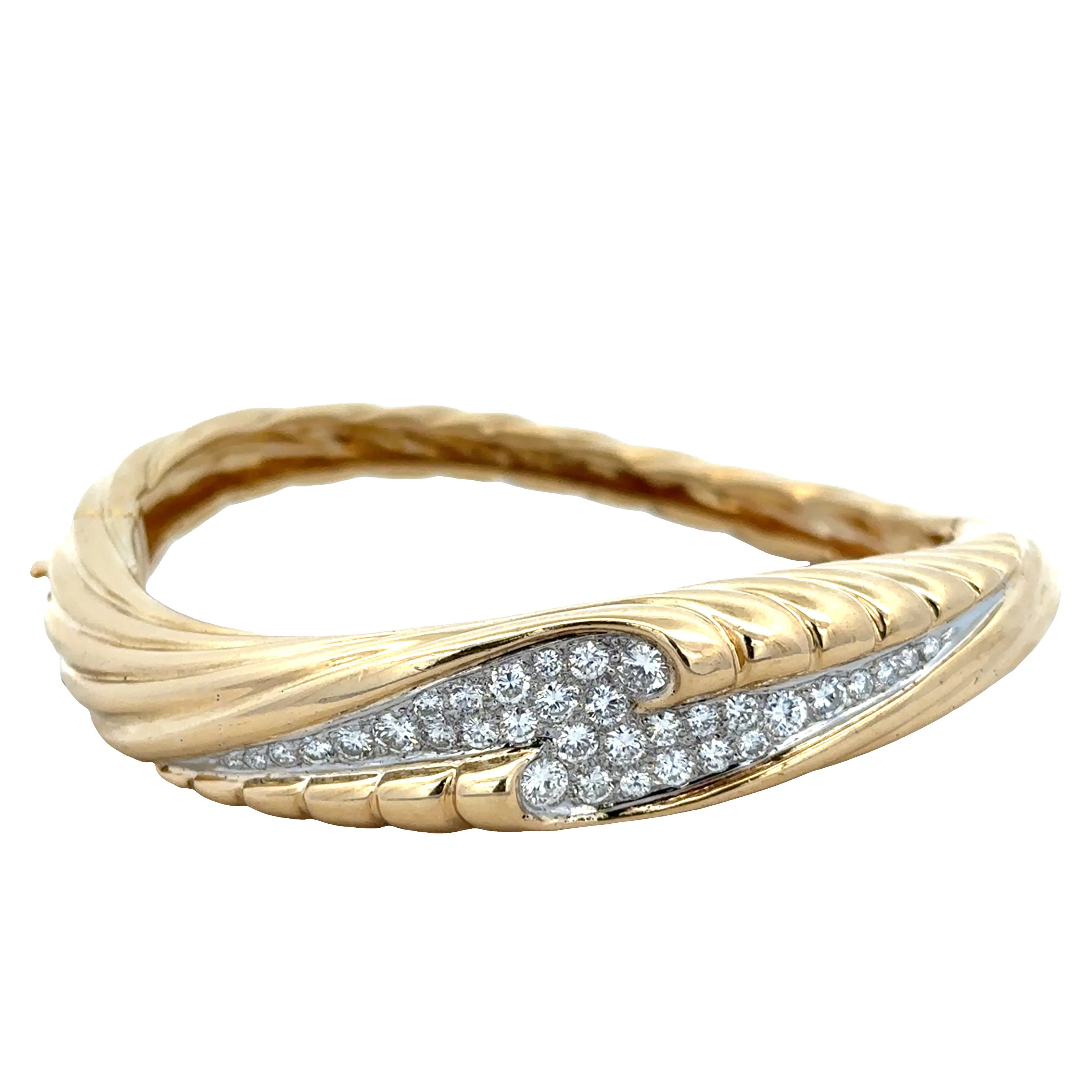 18k Yellow & White Gold Diamond Textured Bangle Bracelet – Fits 6"–6.5" Wrist