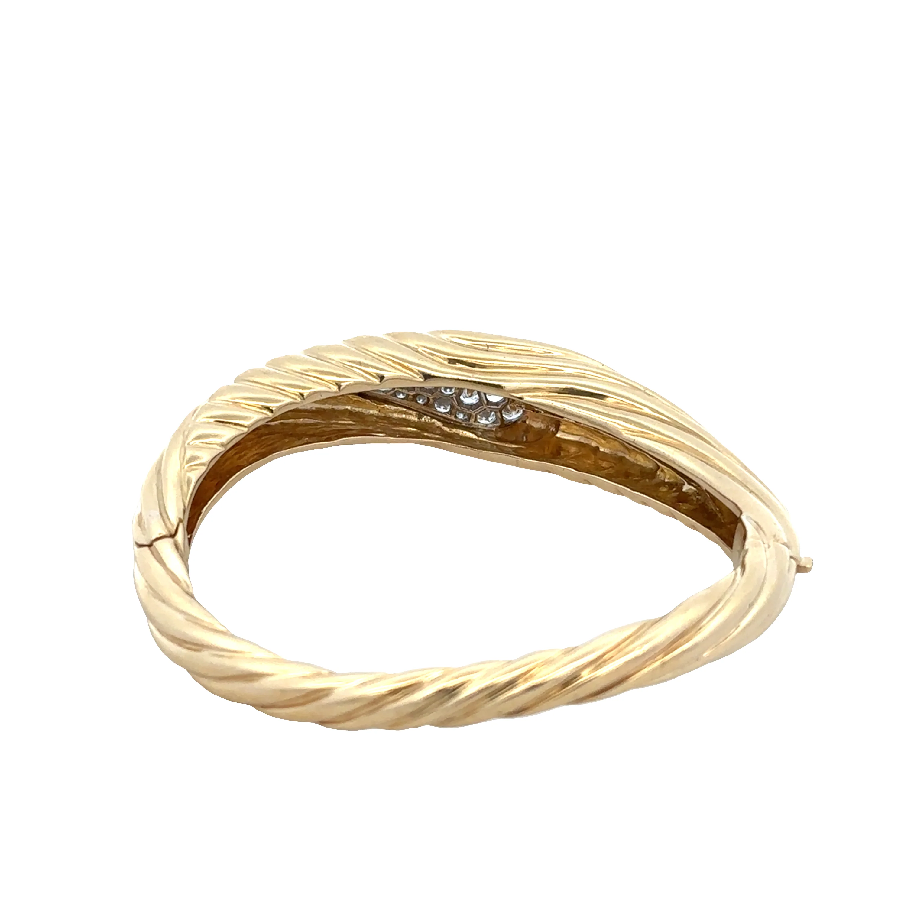 18k Yellow & White Gold Diamond Textured Bangle Bracelet – Fits 6"–6.5" Wrist - Image 2