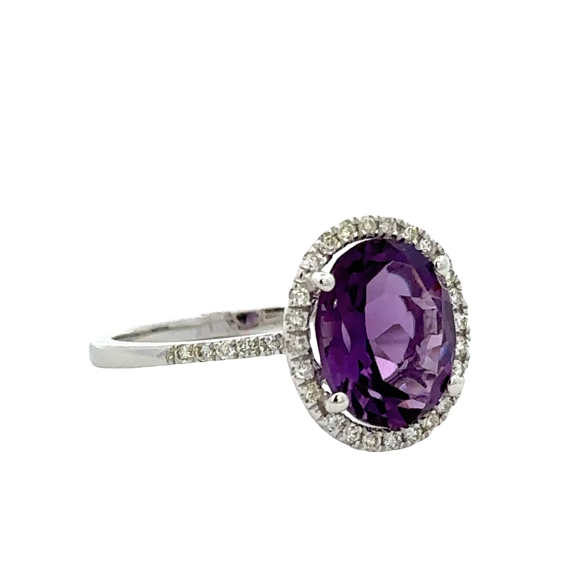 Amethyst and Diamond Halo Ring in White Gold - Image 2