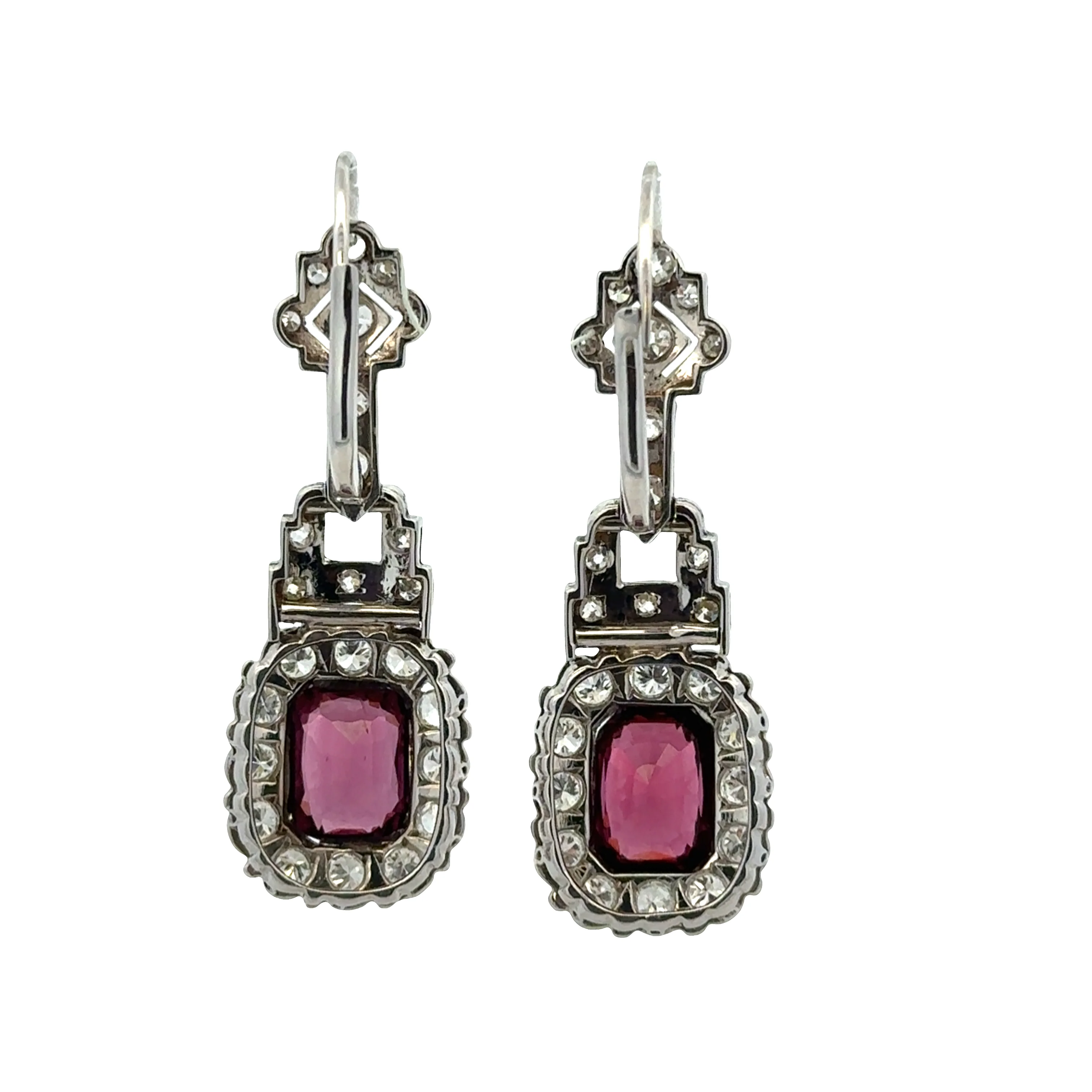 Antique 18k White Gold Spinel & Diamond Geometric Earrings – 1 5/8" Long - Image 2