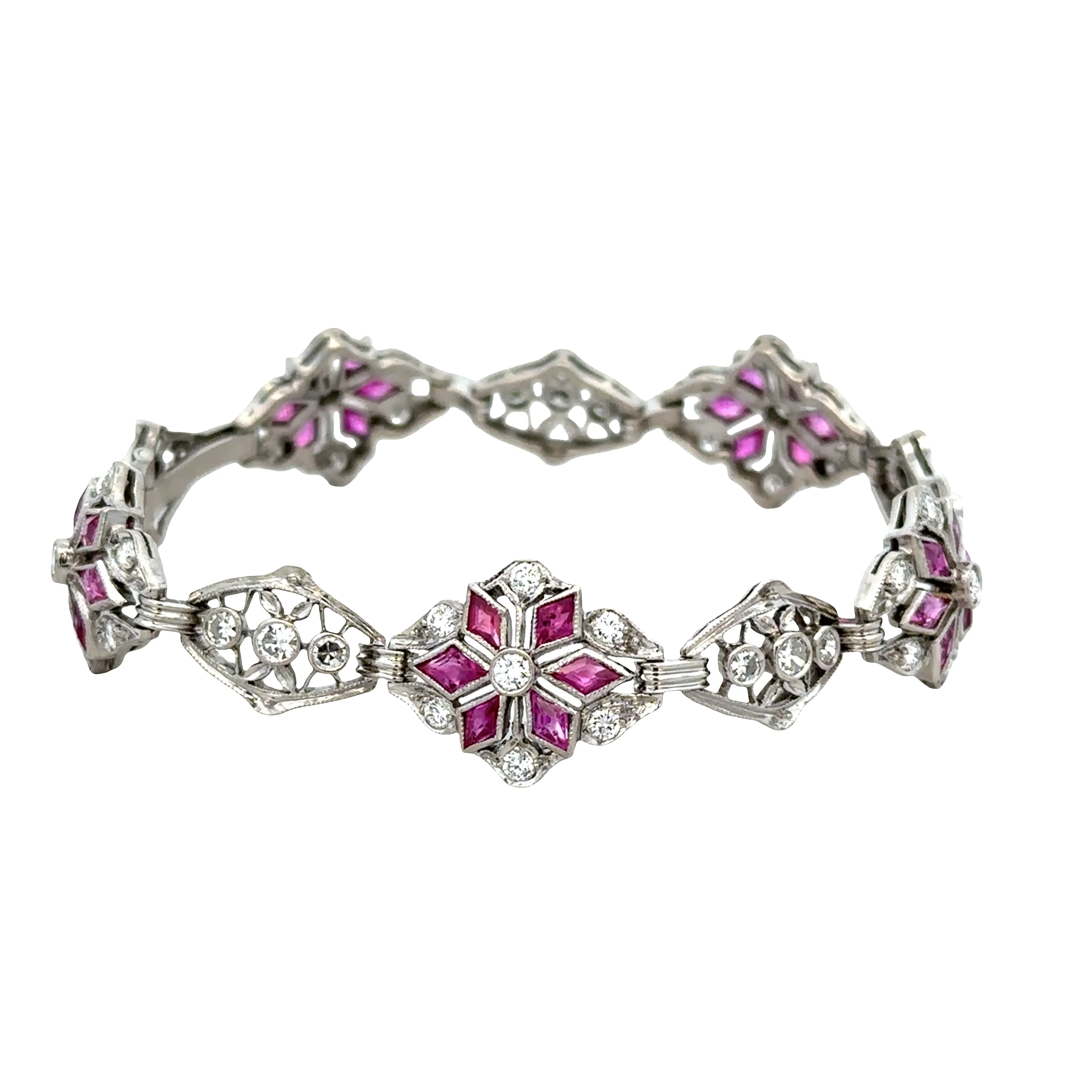 Antique Art Deco 14k White Gold Ruby & Diamond Snowflake Bracelet – Circa 1920s - Image 2