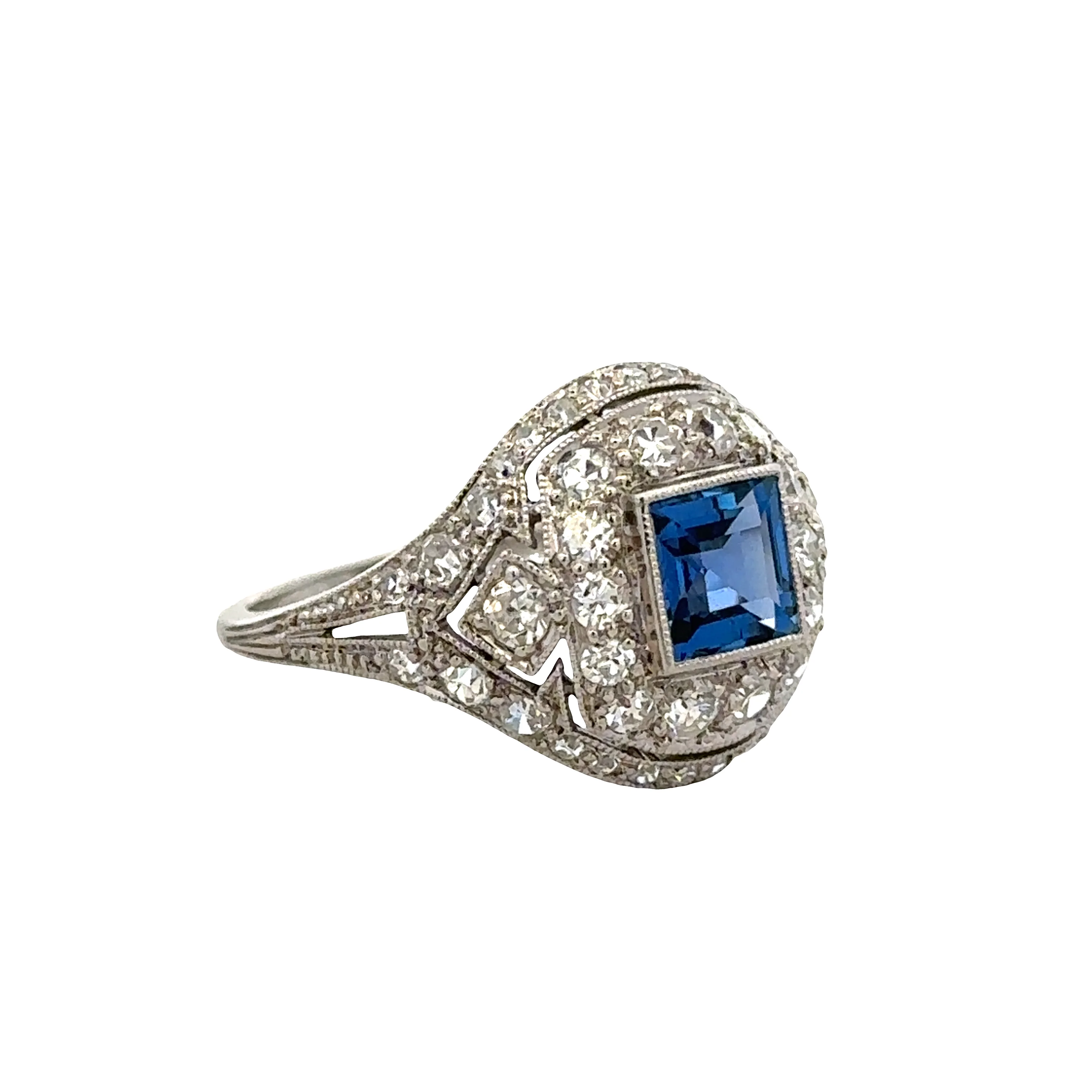 Antique Art Deco Platinum Sapphire & Diamond Ring – Size 5.75 - Image 2