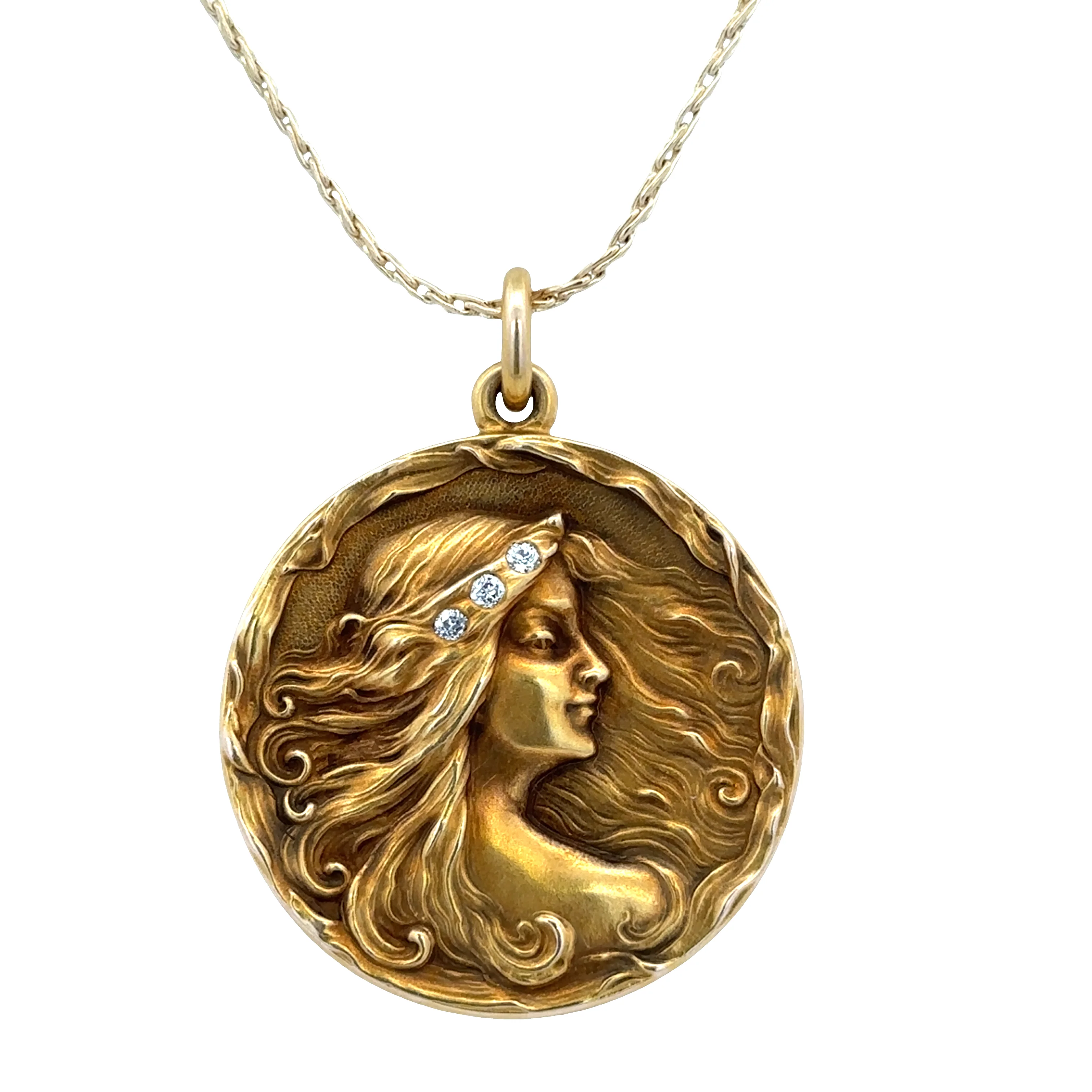 Antique Art Nouveau 14k Rose Gold Diamond Silhouette Locket Necklace – 16" Chain, Circa 1910s