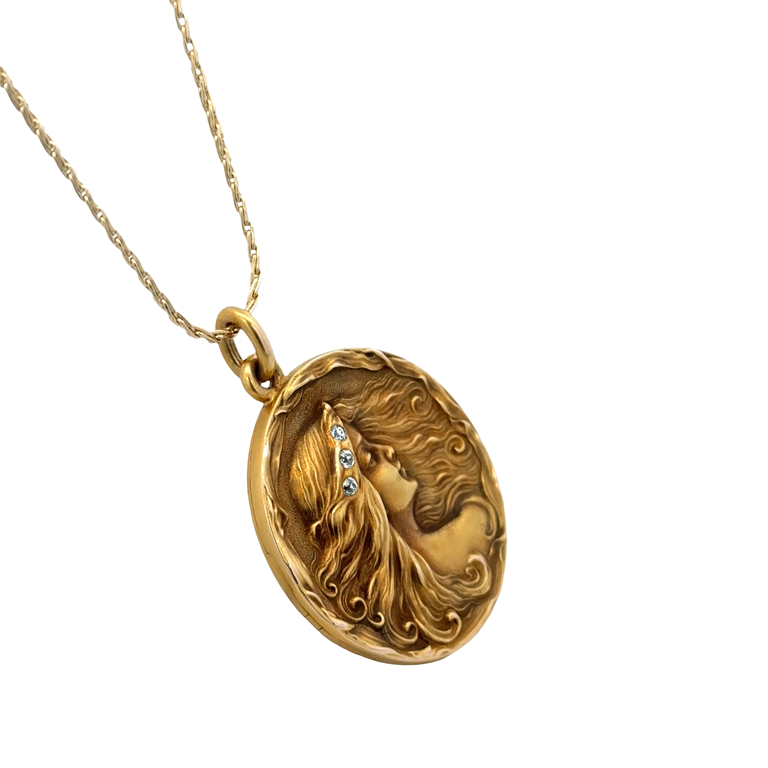Antique Art Nouveau 14k Rose Gold Diamond Silhouette Locket Necklace – 16" Chain, Circa 1910s - Image 3