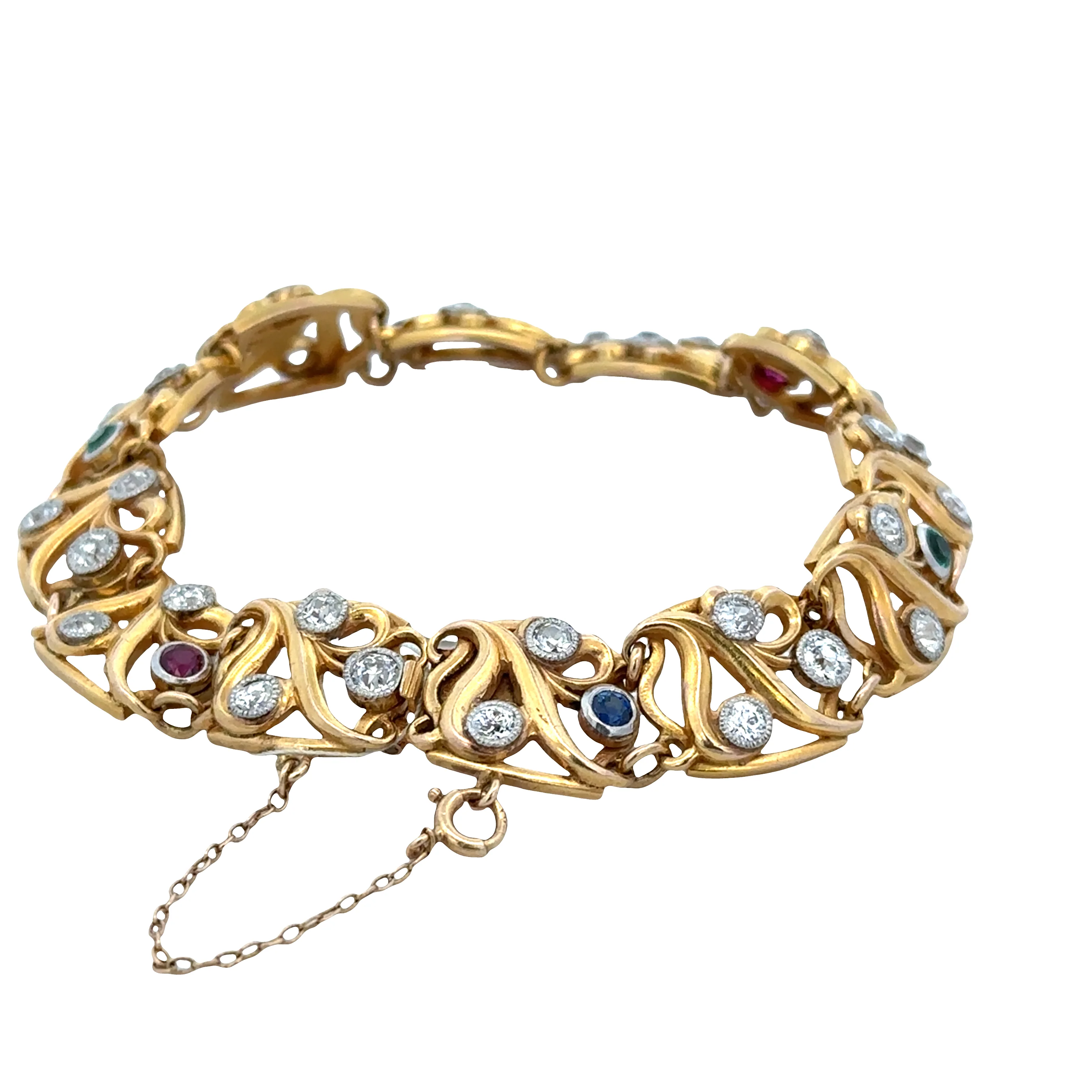 Antique Art Nouveau Platinum & 14k Yellow Gold Gemstone Bracelet – 7.25" - Image 2