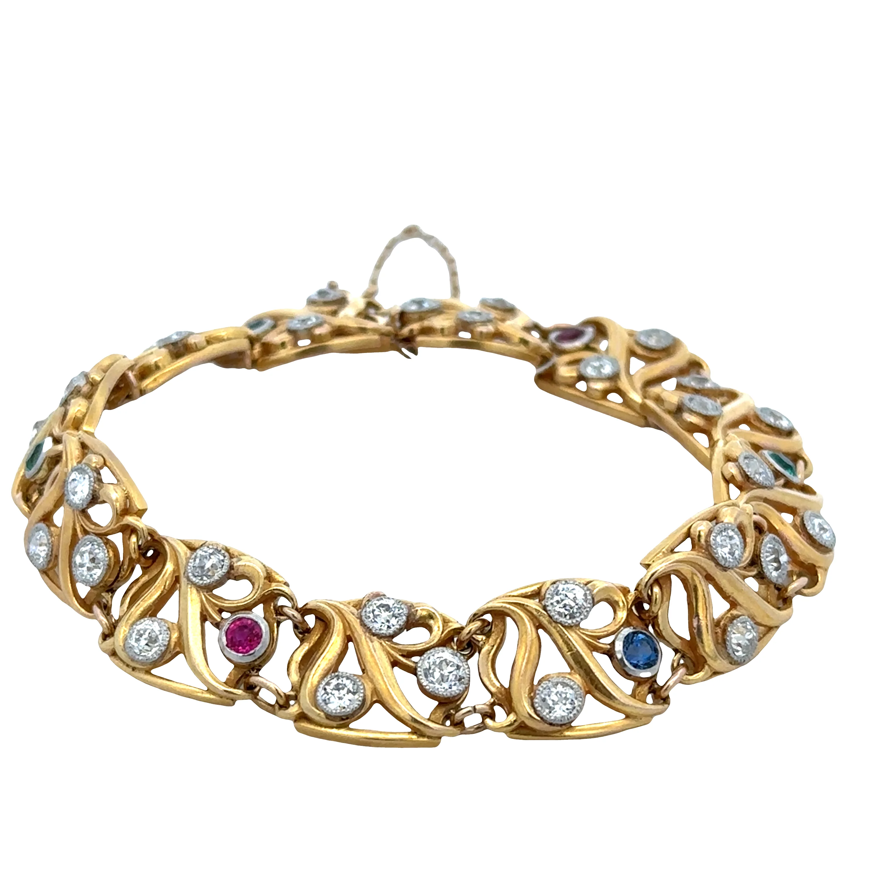 Antique Art Nouveau Platinum & 14k Yellow Gold Gemstone Bracelet – 7.25" - Image 3