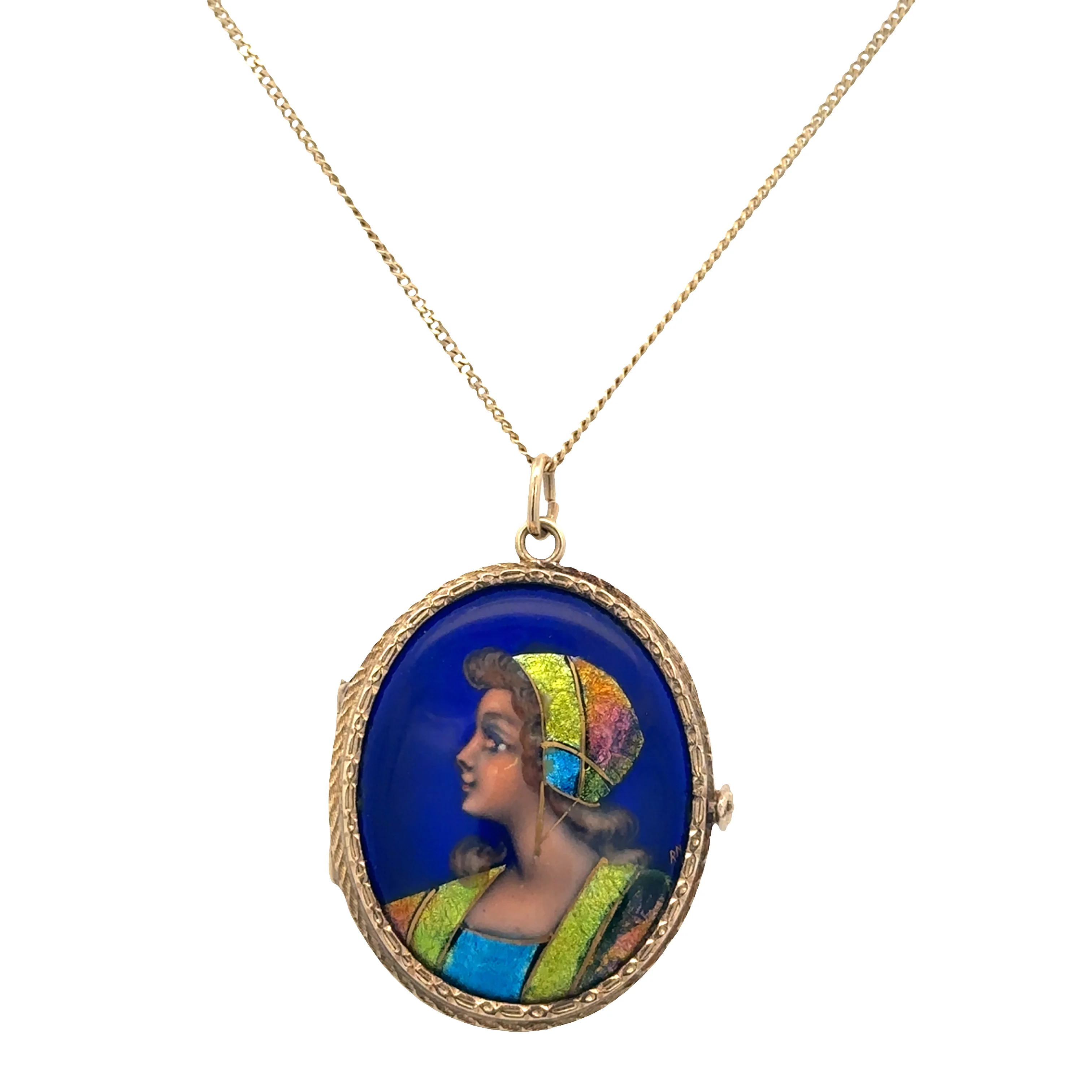 Antique Edwardian French Limoges Enameled Portrait Pendant in Yellow Gold