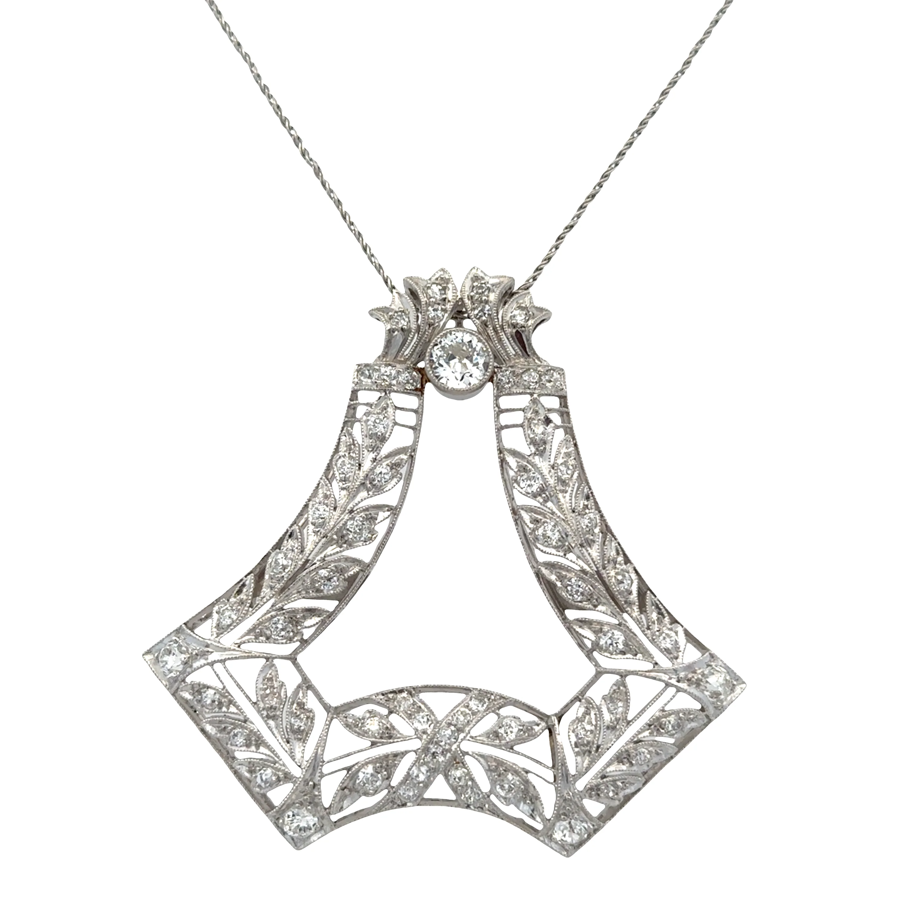 Antique Edwardian Platinum Diamond Pendant – 1.99 Carats, Openwork Filigree Design (Circa 1910s)