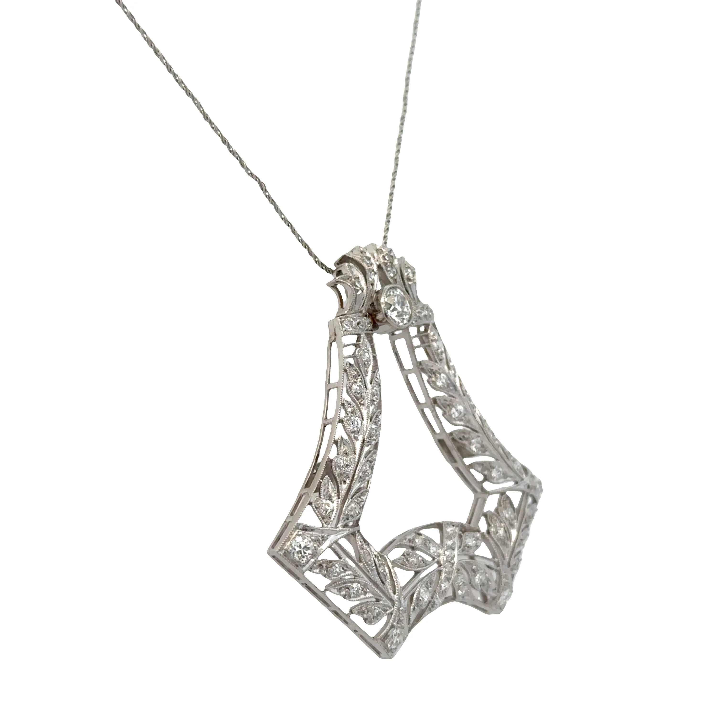 Antique Edwardian Platinum Diamond Pendant – 1.99 Carats, Openwork Filigree Design (Circa 1910s) - Image 2