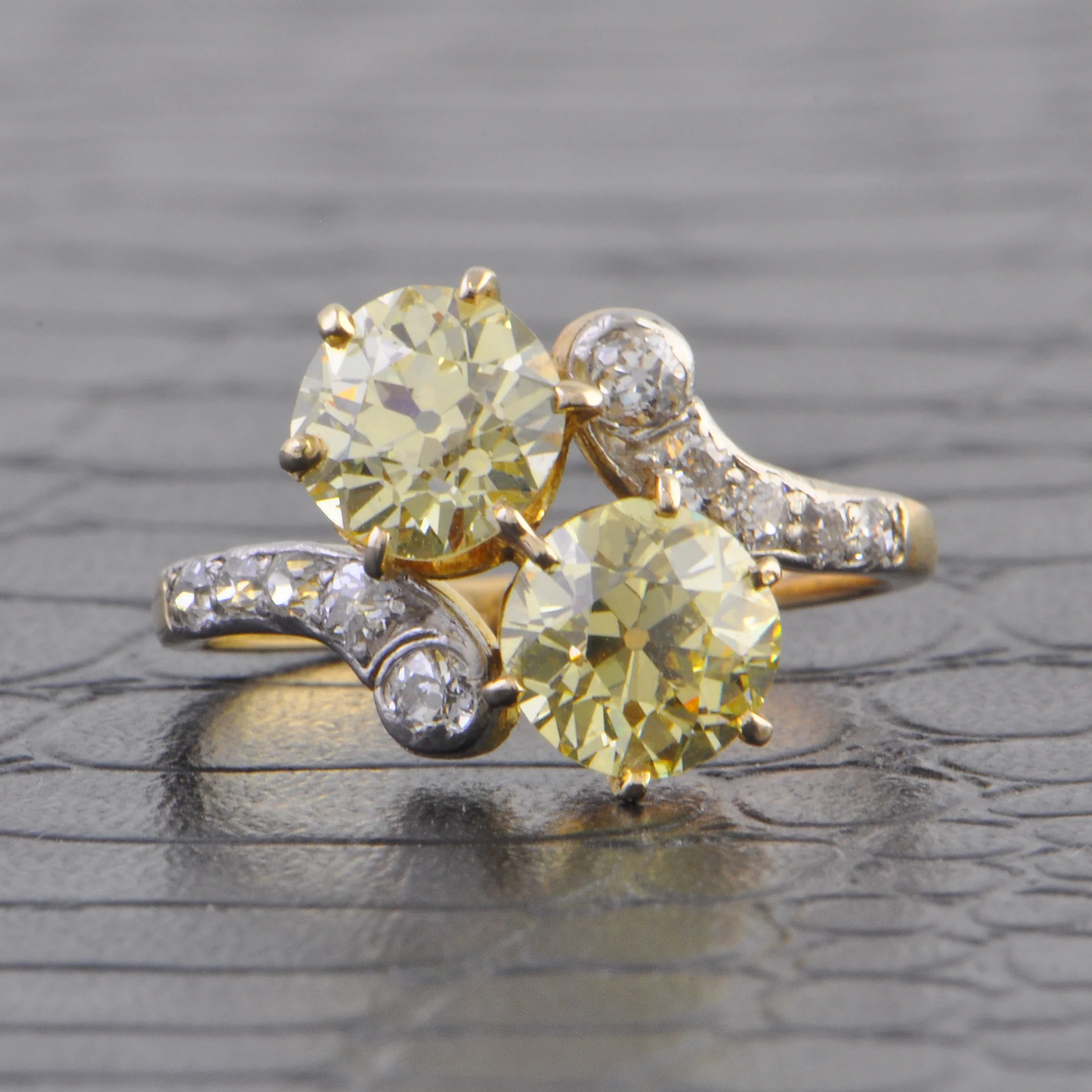 Antique Platinum-Topped 14k Yellow Gold Bypass Ring with 2.37 Carat Fancy Yellow Old European Cut Diamonds